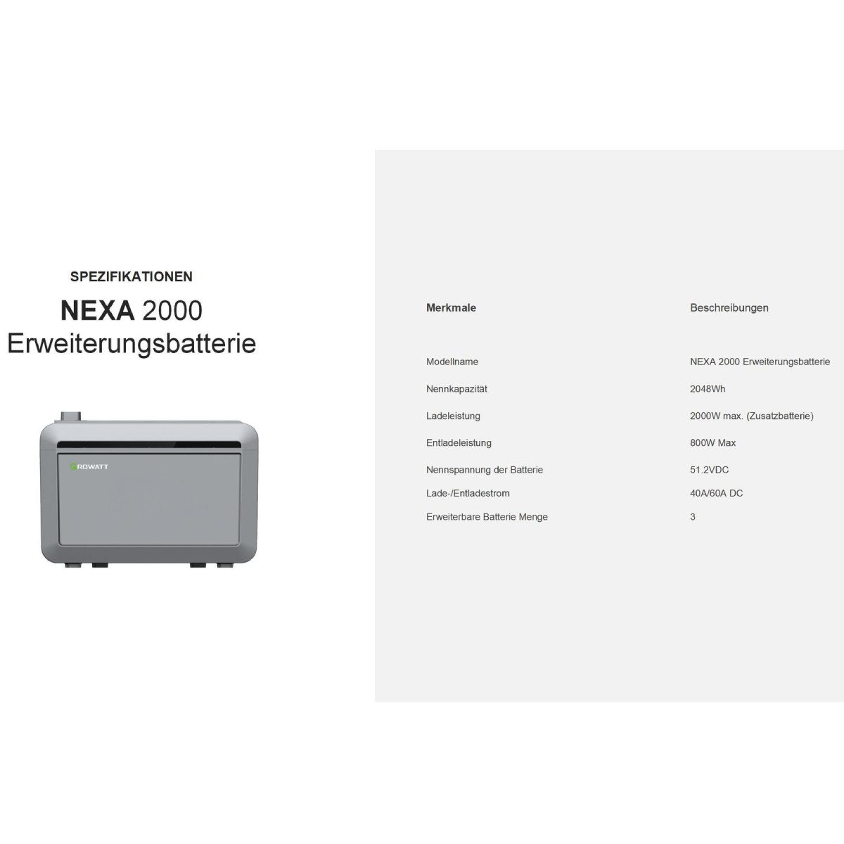 Eine graue NEXA 2000 Batterie. Spezifikationen: Modellname, Kapazität, Ladeleistung und Spannung. Text auf weißem Hintergrund.
