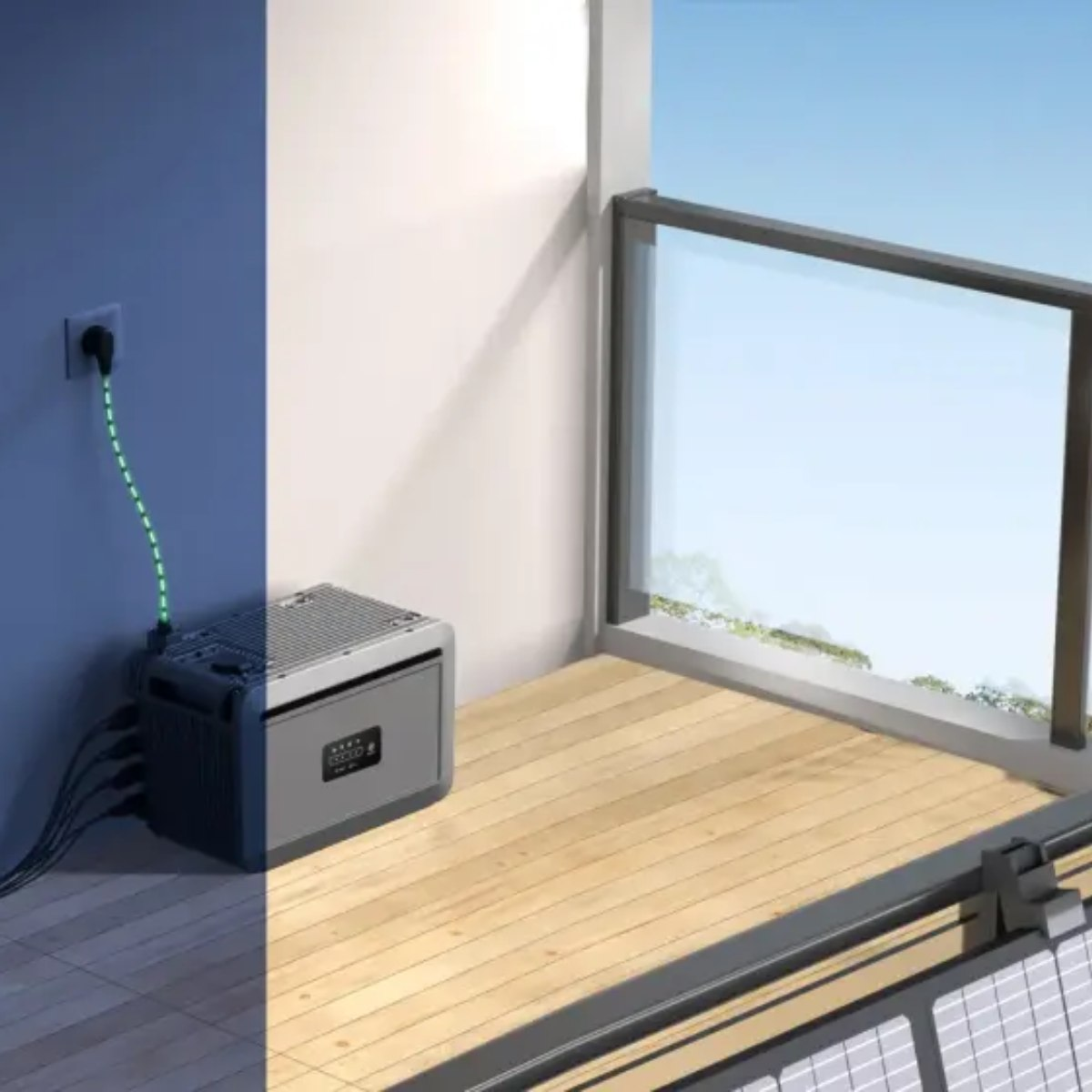 Eine tragbare Stromstation ist an eine Steckdose angeschlossen. Die Station steht auf einem Holzboden neben einem Balkon mit Aussicht.