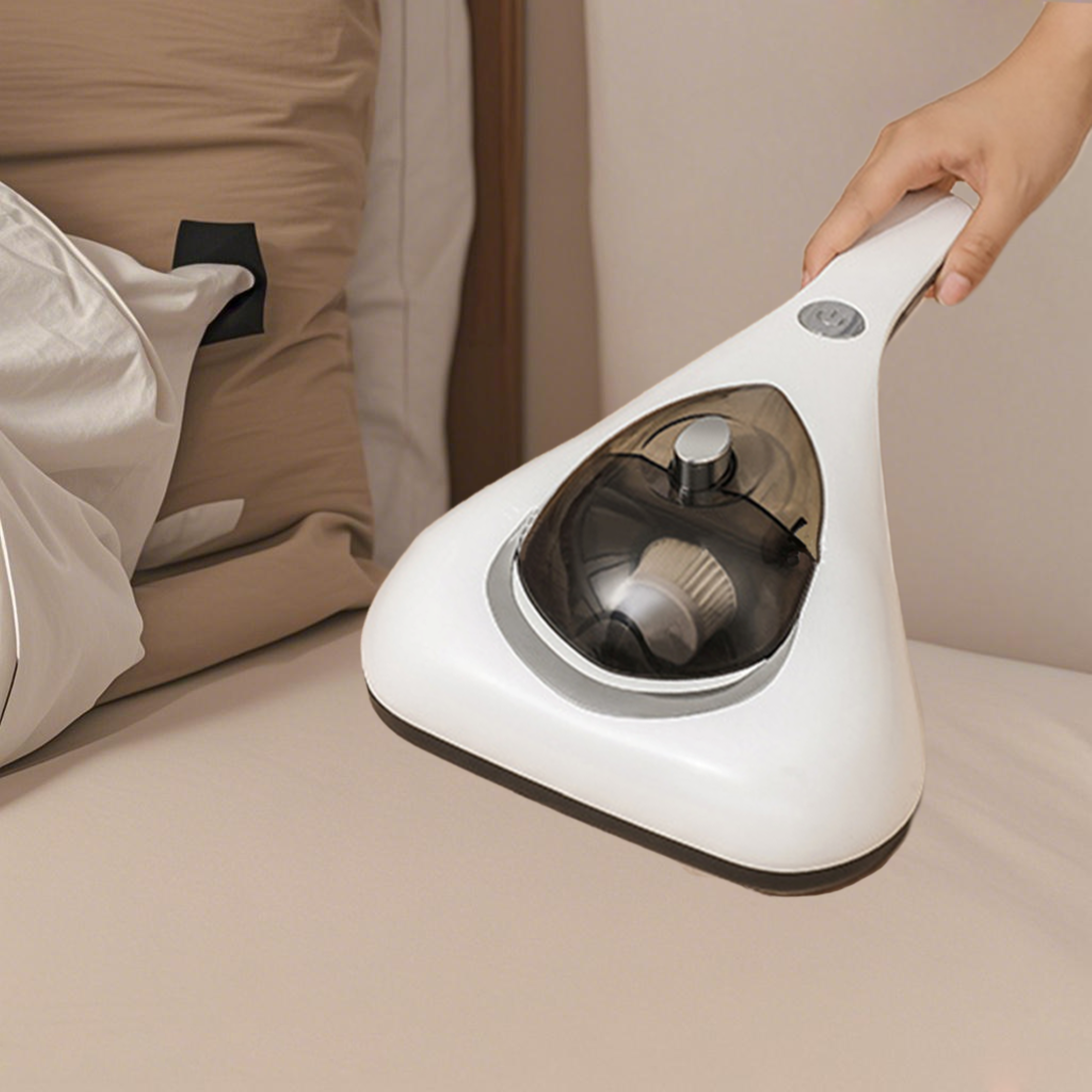 Ein weißer Handstaubsauger wird über einem Bett gehalten. Eine Hand hält den Staubsauger. Ein beiges Kissen ist sichtbar.