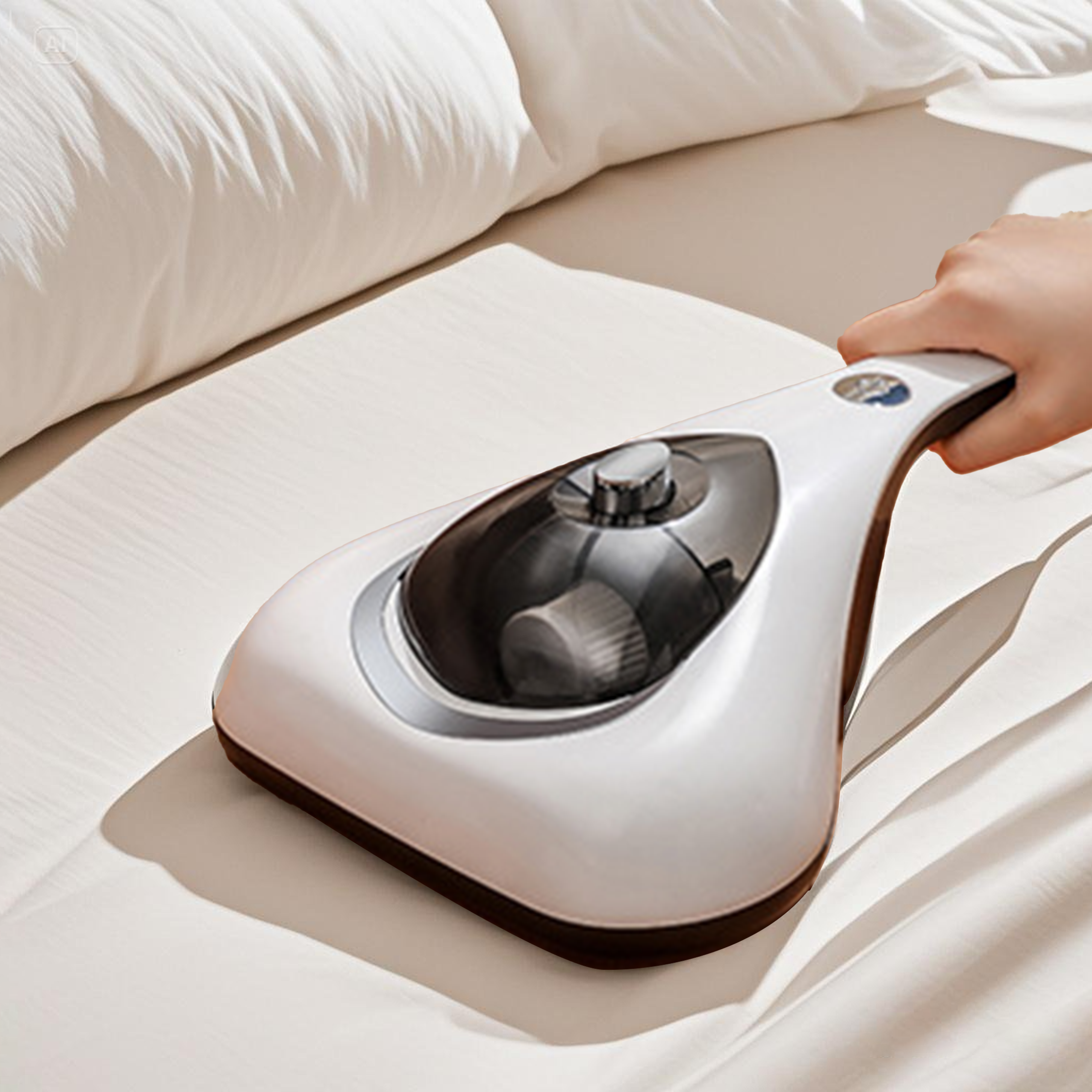 Ein weißer Handstaubsauger auf einem weißen Bett. Eine Hand hält den Staubsauger.