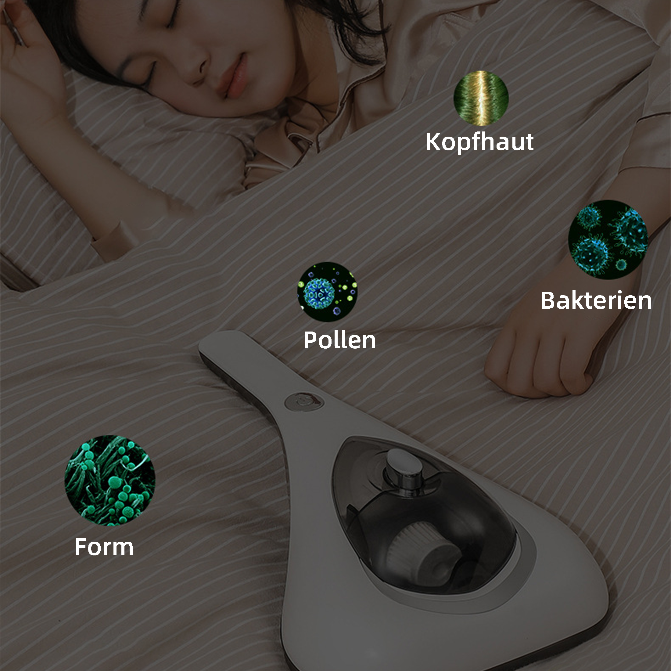 Schlafende Person auf einem Bett mit einem Reinigungsgerät. Mikroskopische Bilder von Bakterien, Pollen und Haaren auf dem Bett.