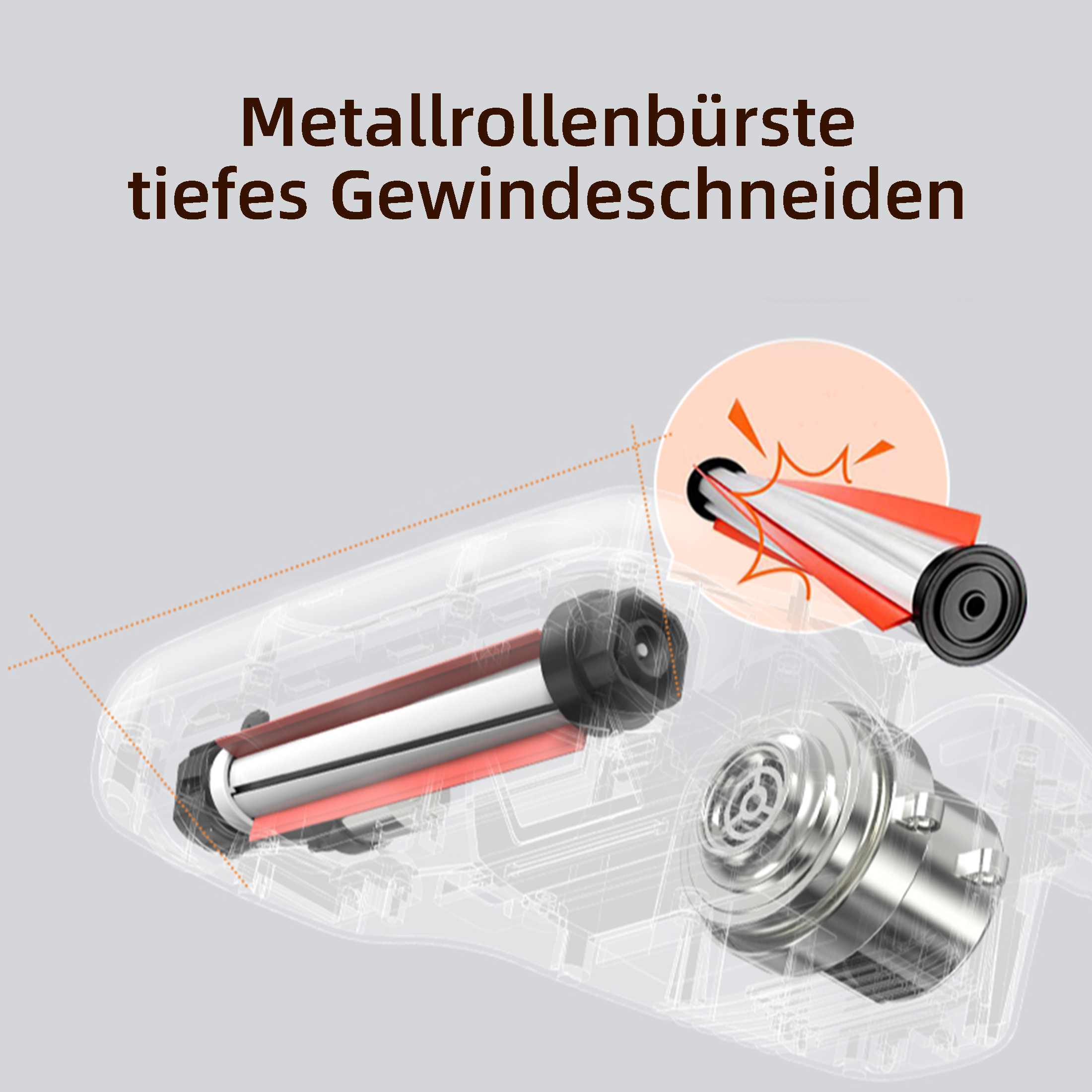 Illustration einer Staubsaugerkomponente mit roten und weißen Rollen und einem Metallteil.