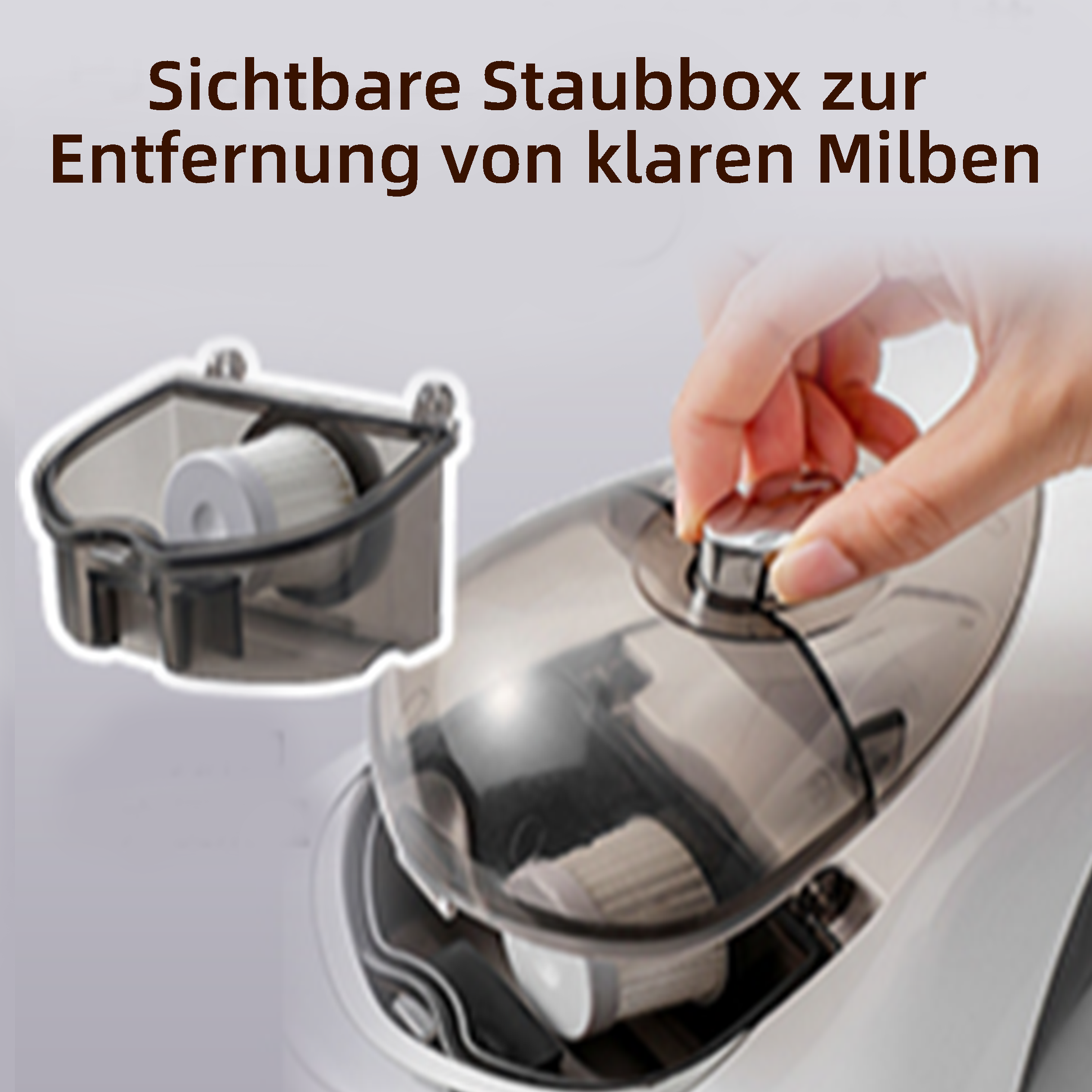 Das Bild zeigt eine Hand, die einen Knopf an einem transparenten Staubbehälter dreht. Ein abgetrennter Staubbehälter mit Filter ist sichtbar.