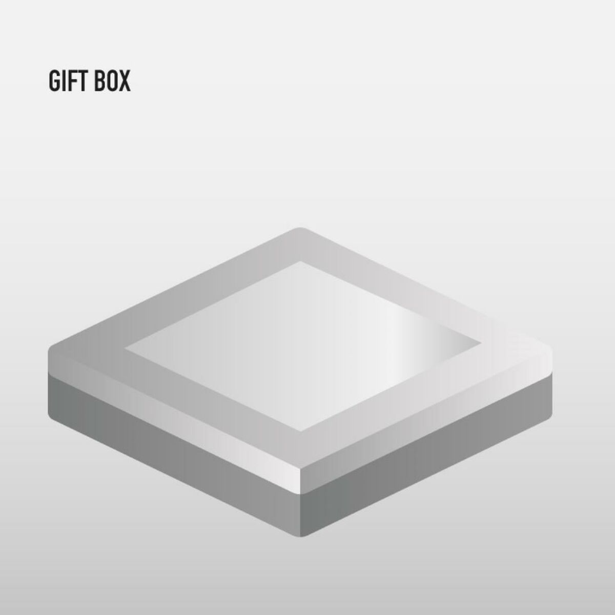 Eine graue Geschenkbox mit weißem Innenraum liegt auf grauem Hintergrund. Oben steht 'GIFT BOX'.