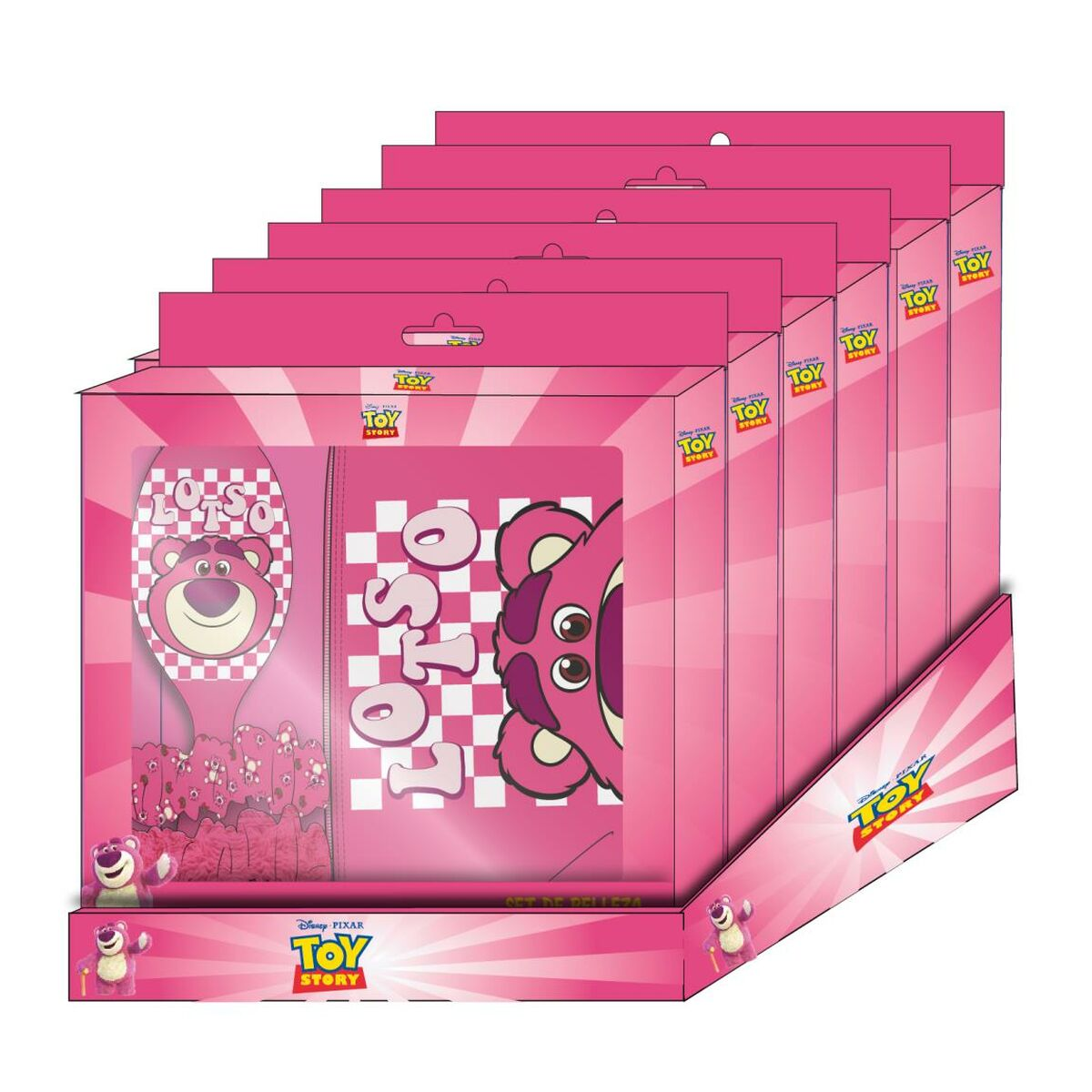 Ausstellungsbox mit rosa Toy Story Lotso Beauty-Sets. Jedes Set zeigt Lotsos Gesicht und Branding. Die Box ist rosa mit dem Toy Story-Logo.