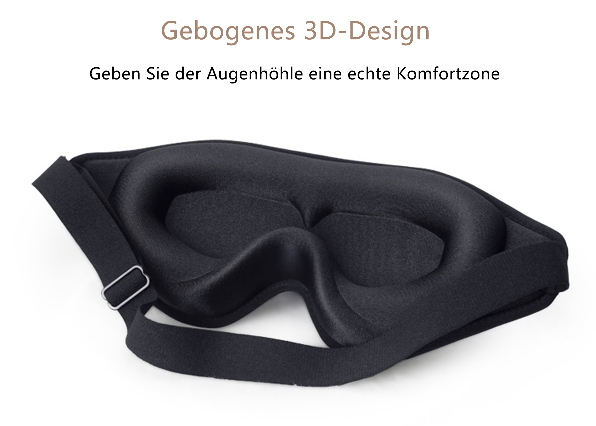 Eine schwarze Augenmaske mit geschwungenem Design und einem Riemen. Der Text oben lautet 'Gebogenes 3D-Design'. Es ist eine Schlafmaske.