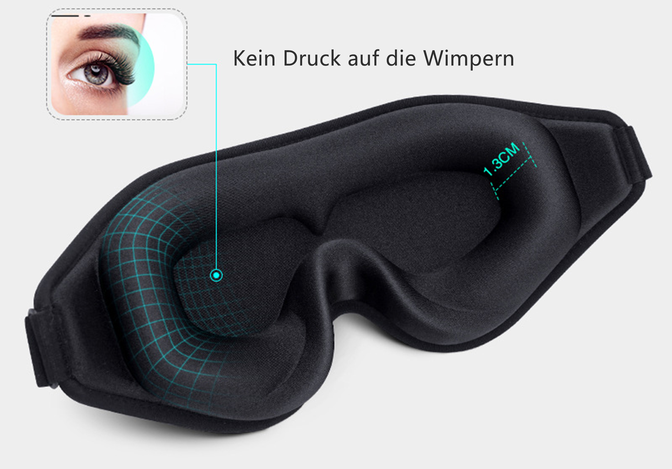 Eine schwarze Augenmaske mit 1,3 cm Abstand, so konzipiert, dass sie nicht auf die Wimpern drückt. Enthält ein Augendetail.