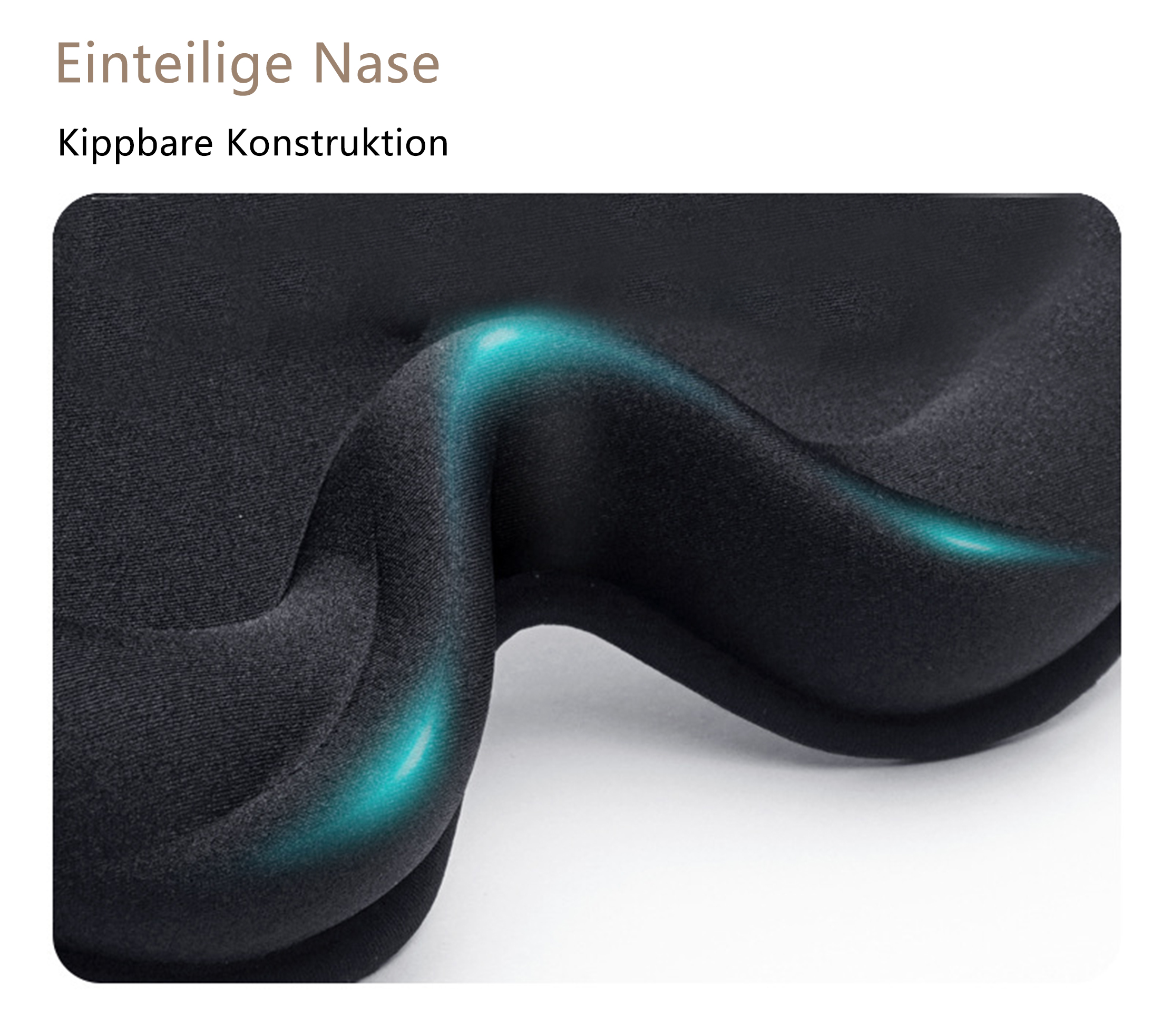 Nahaufnahme einer schwarzen Schlafmaske. Die Maske hat eine geschwungene Form mit blau leuchtenden Akzenten.
