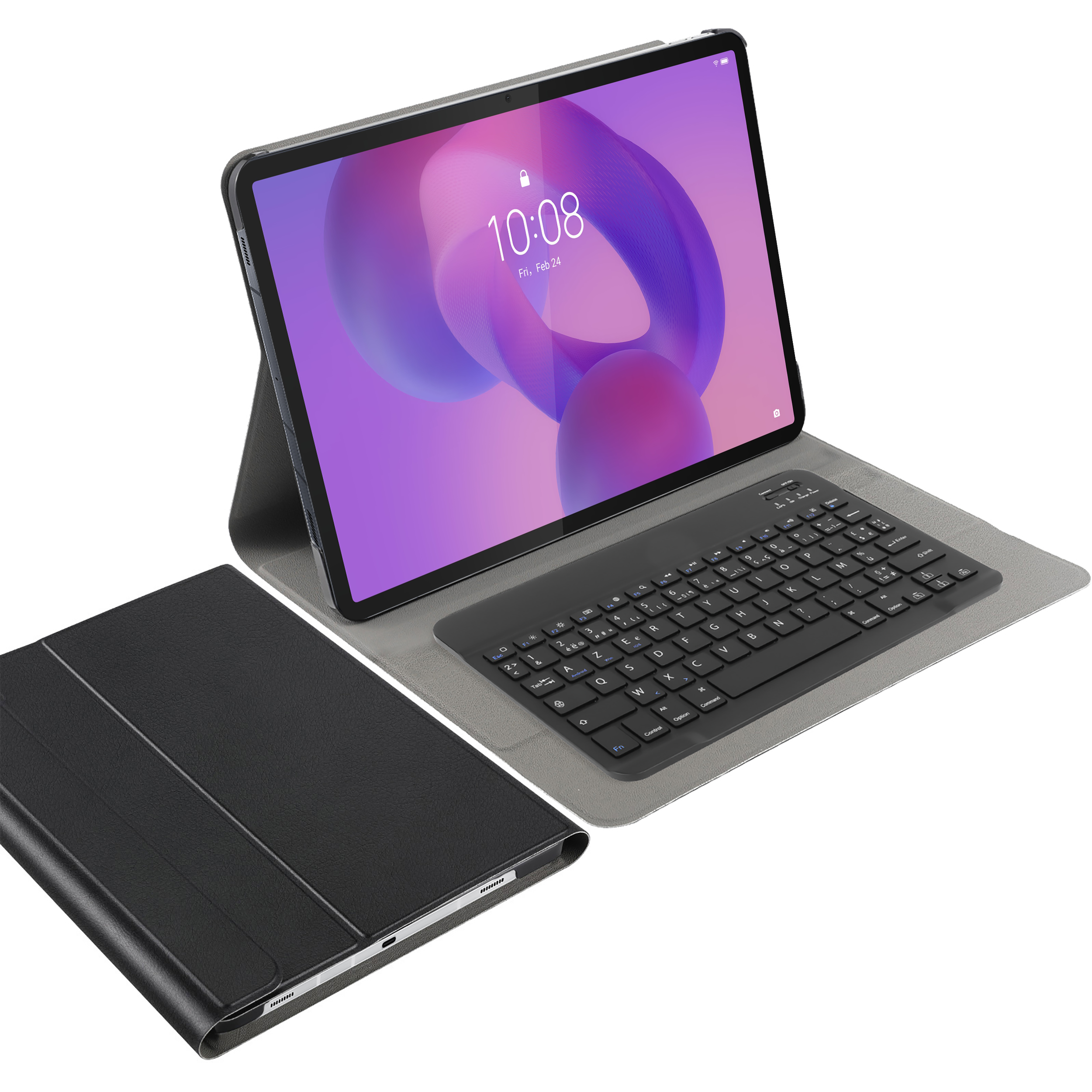 Tablet mit Tastatur und Hülle. Der Bildschirm zeigt ein Schloss-Symbol und die Uhrzeit. Die Tastatur ist schwarz.