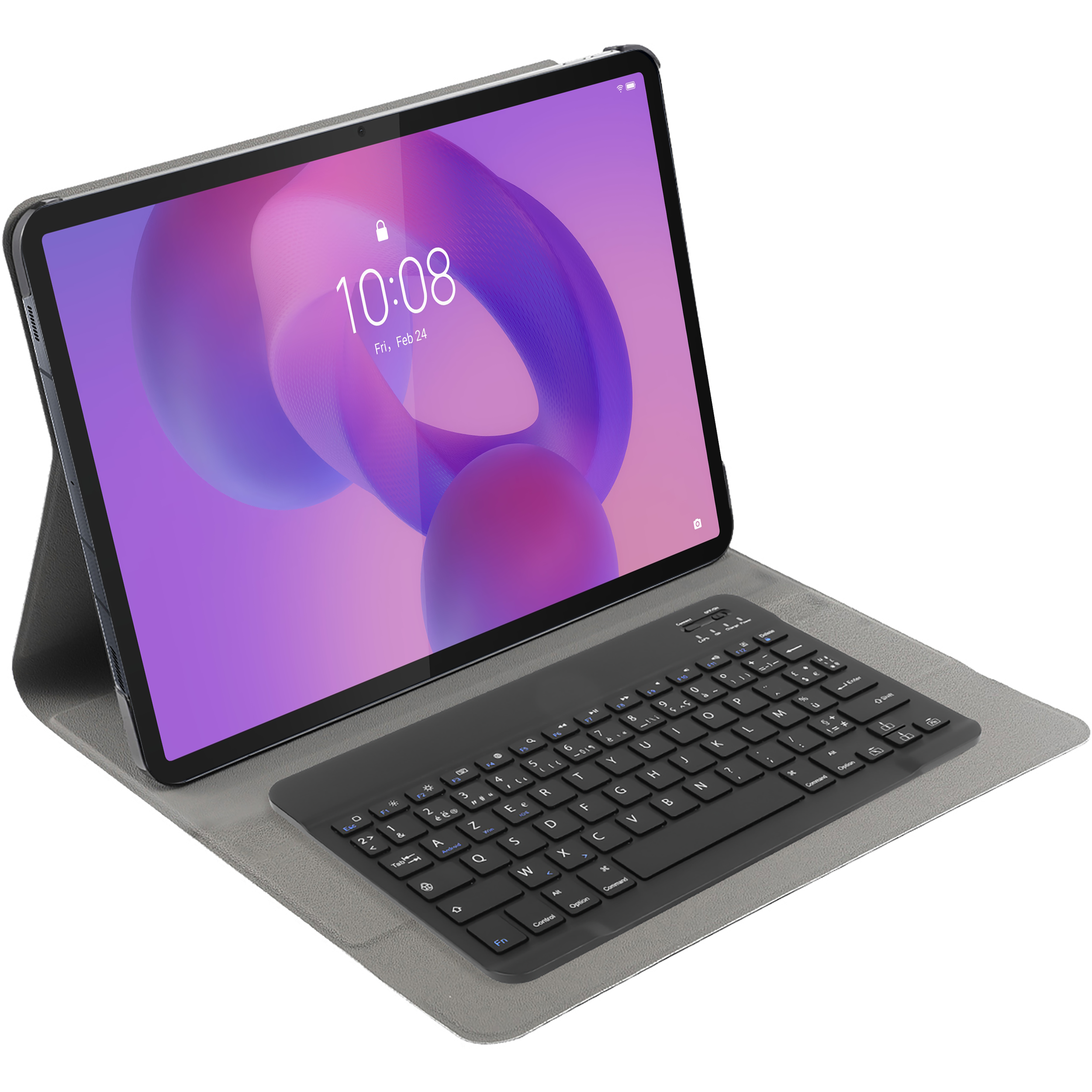 Tablet mit Tastatur. Tablet zeigt Uhrzeit und Datum. Tastatur ist schwarz. Graue Abdeckung.