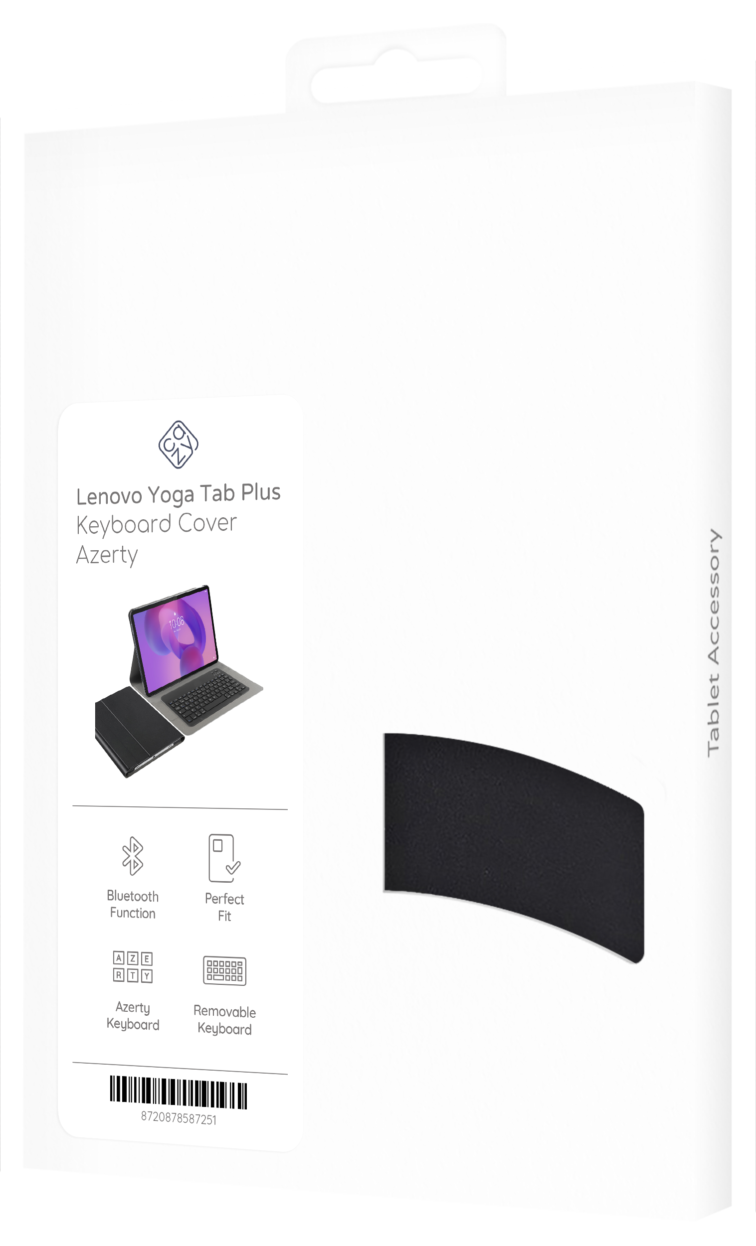 Verpackung für Lenovo Yoga Tab Plus Tastaturhülle. Enthält Tablet, Tastatur und Produktdetails vor weißem Hintergrund.