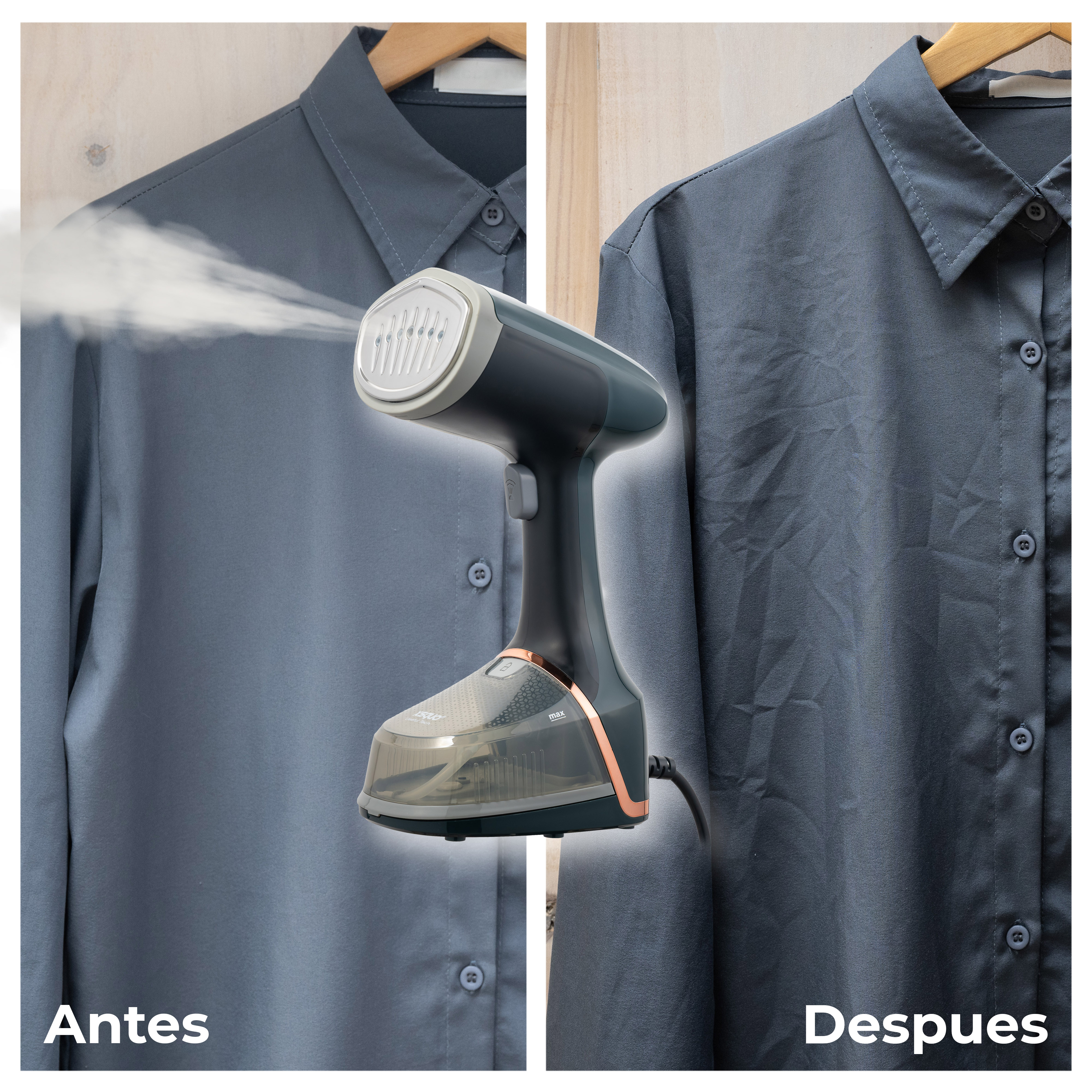 Una plancha a vapor plancha una camisa gris. El lado izquierdo muestra la camisa antes de planchar, el derecho después. Vapor blanco.