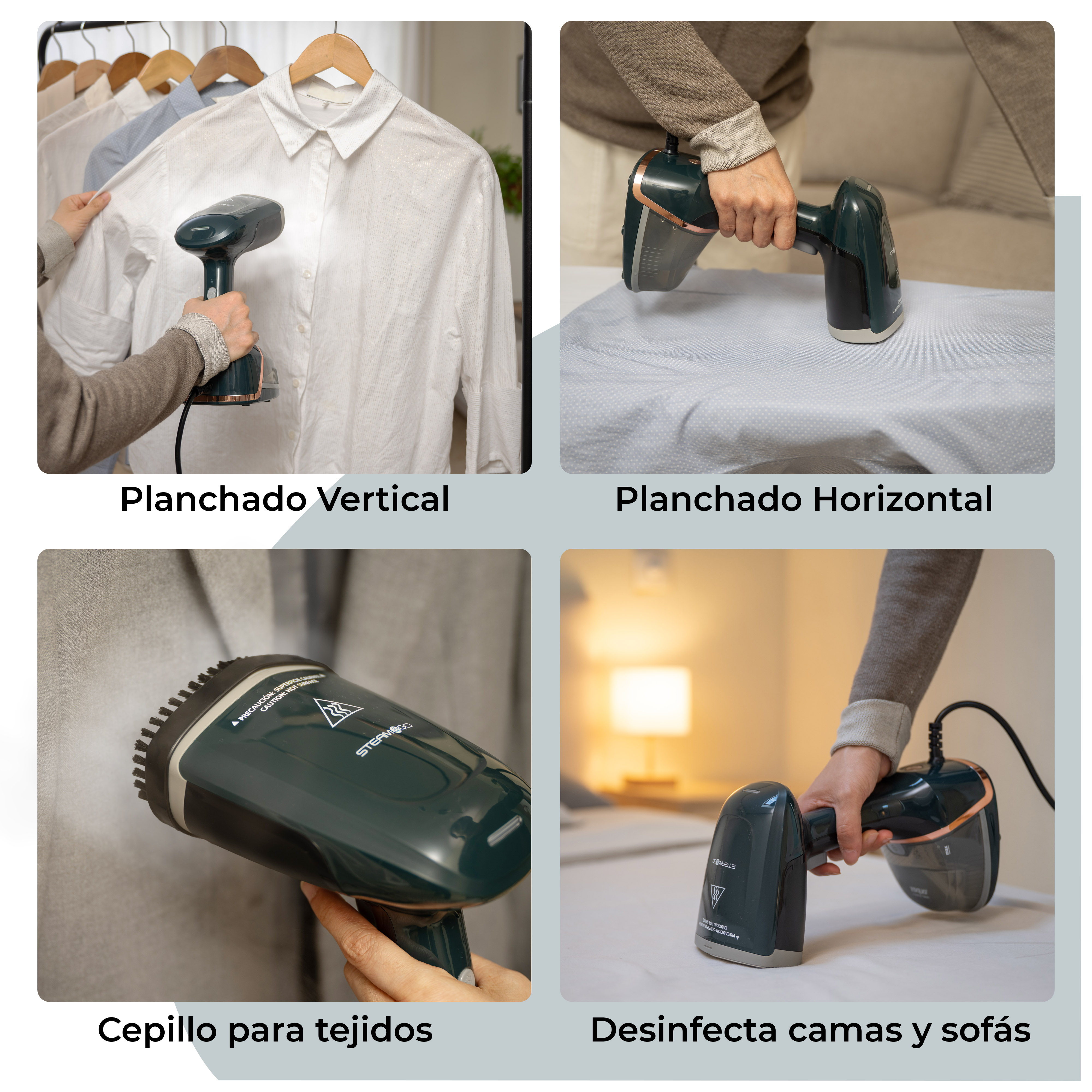 Las imágenes muestran diferentes usos de un vaporizador. Planchado vertical, planchado horizontal, uso del cepillo para telas y desinfección de camas.