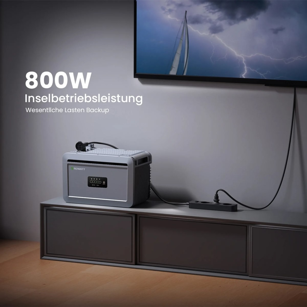 Ein silberner Stromgenerator mit einem schwarzen Kabel, das an eine Steckdose angeschlossen ist. Ein Fernseher zeigt ein Segelboot auf stürmischer See.