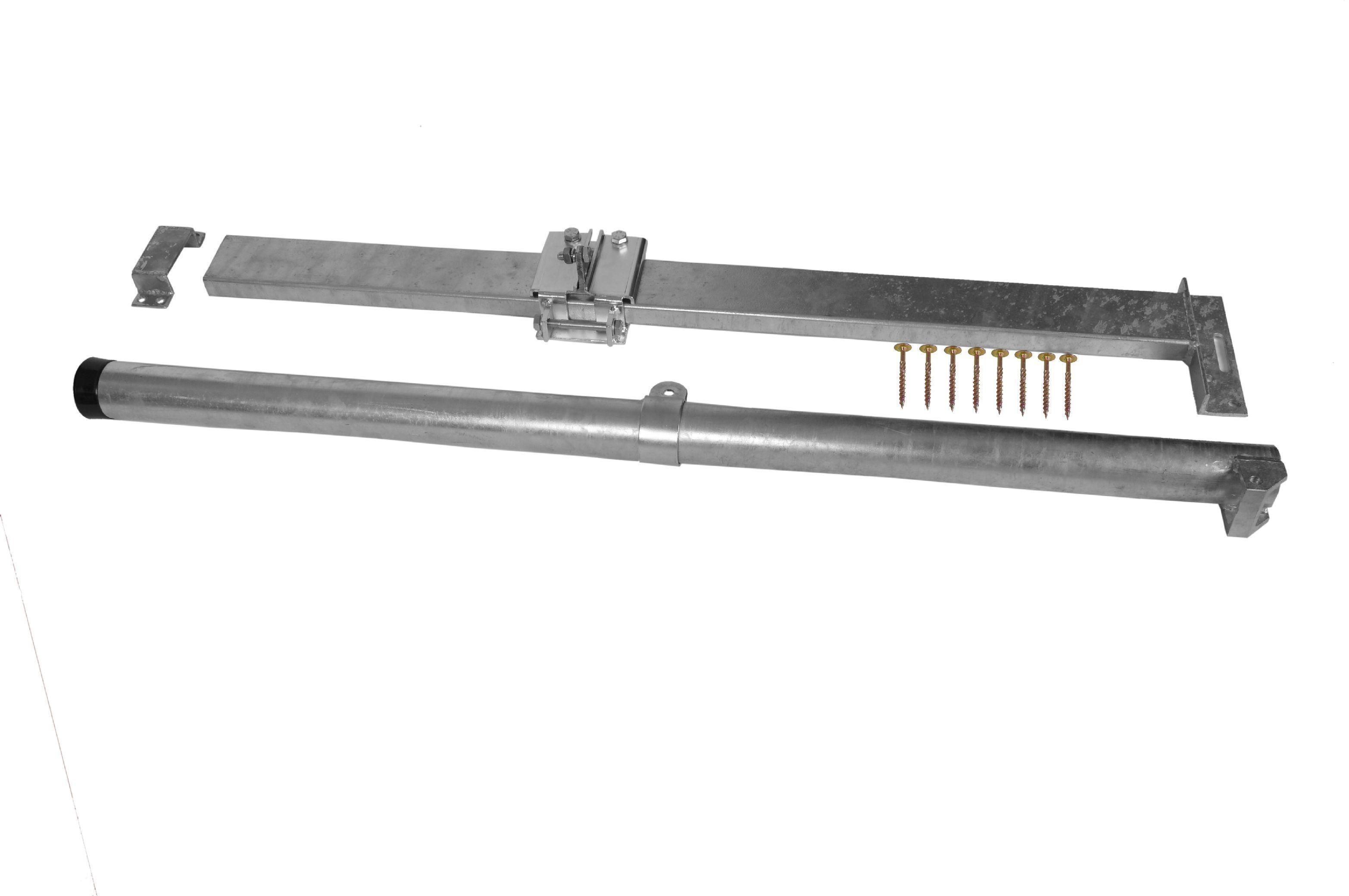 Metall-Hardware-Komponenten. Ein langer Metallstab, ein Rohr, Schrauben und eine Halterung sind angeordnet.