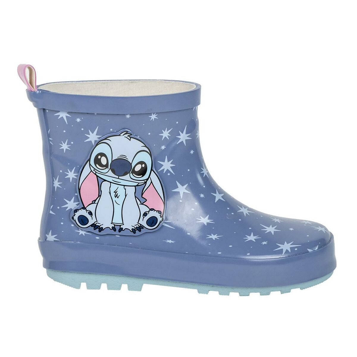 Ein blauer Regenstiefel mit Stitch-Design und weißen Sternmustern. Er hat eine rosa Schlaufe oben.