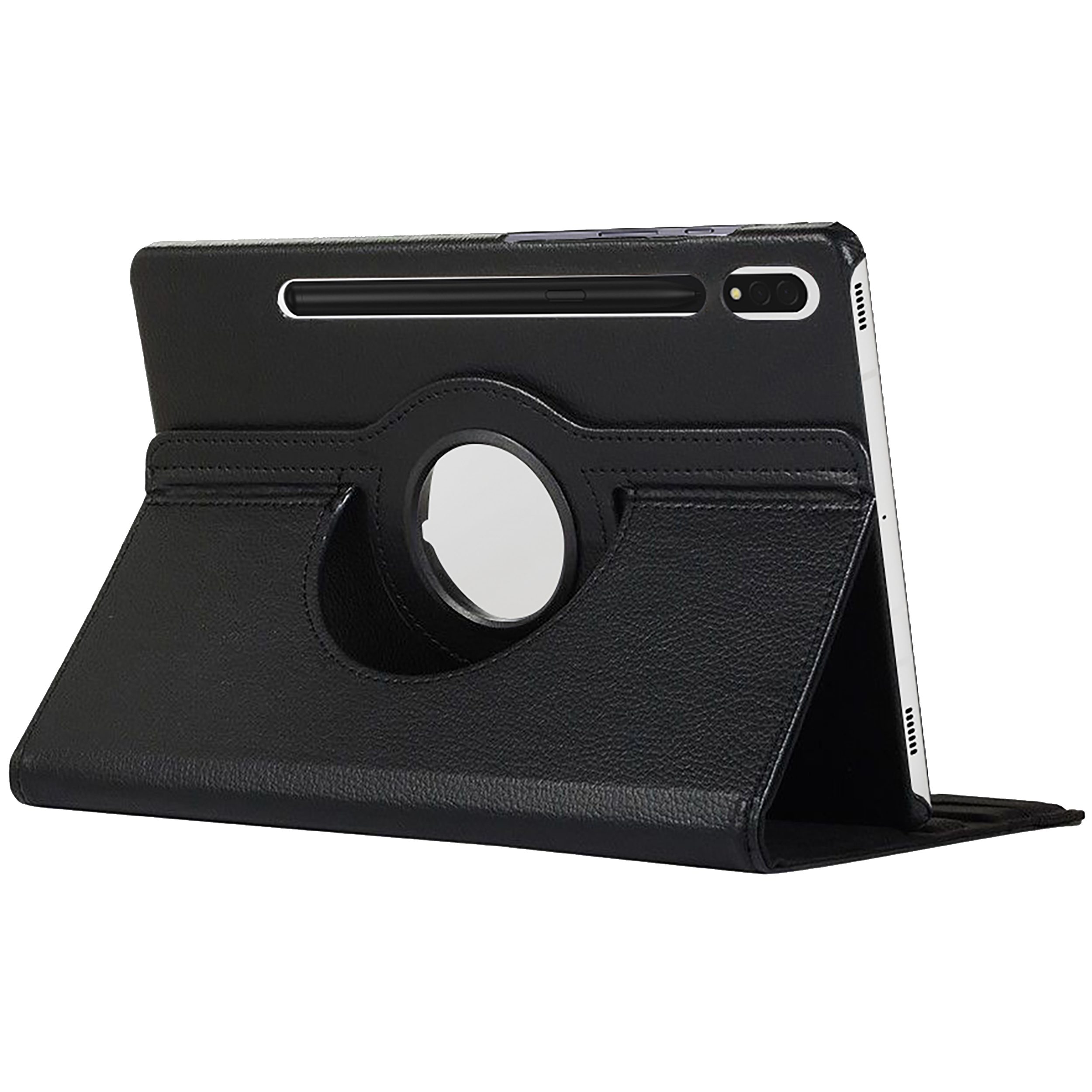 Schwarze Tablethülle mit Drehfuß. Das Tablet befindet sich teilweise geöffnet im Gehäuse.