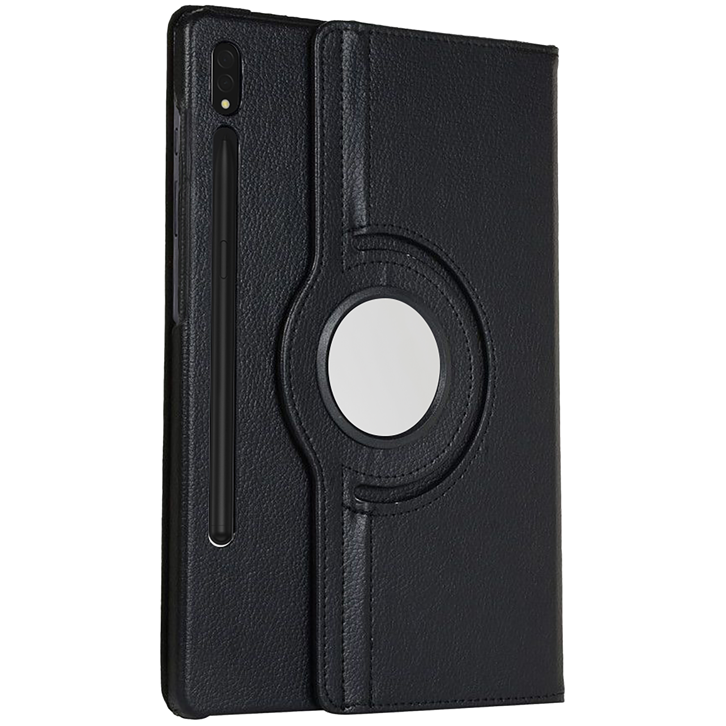 Schwarze Tablethülle mit weißem kreisförmigem Design. Ein Stift ist am Tablet befestigt. Die Hülle ist offen.