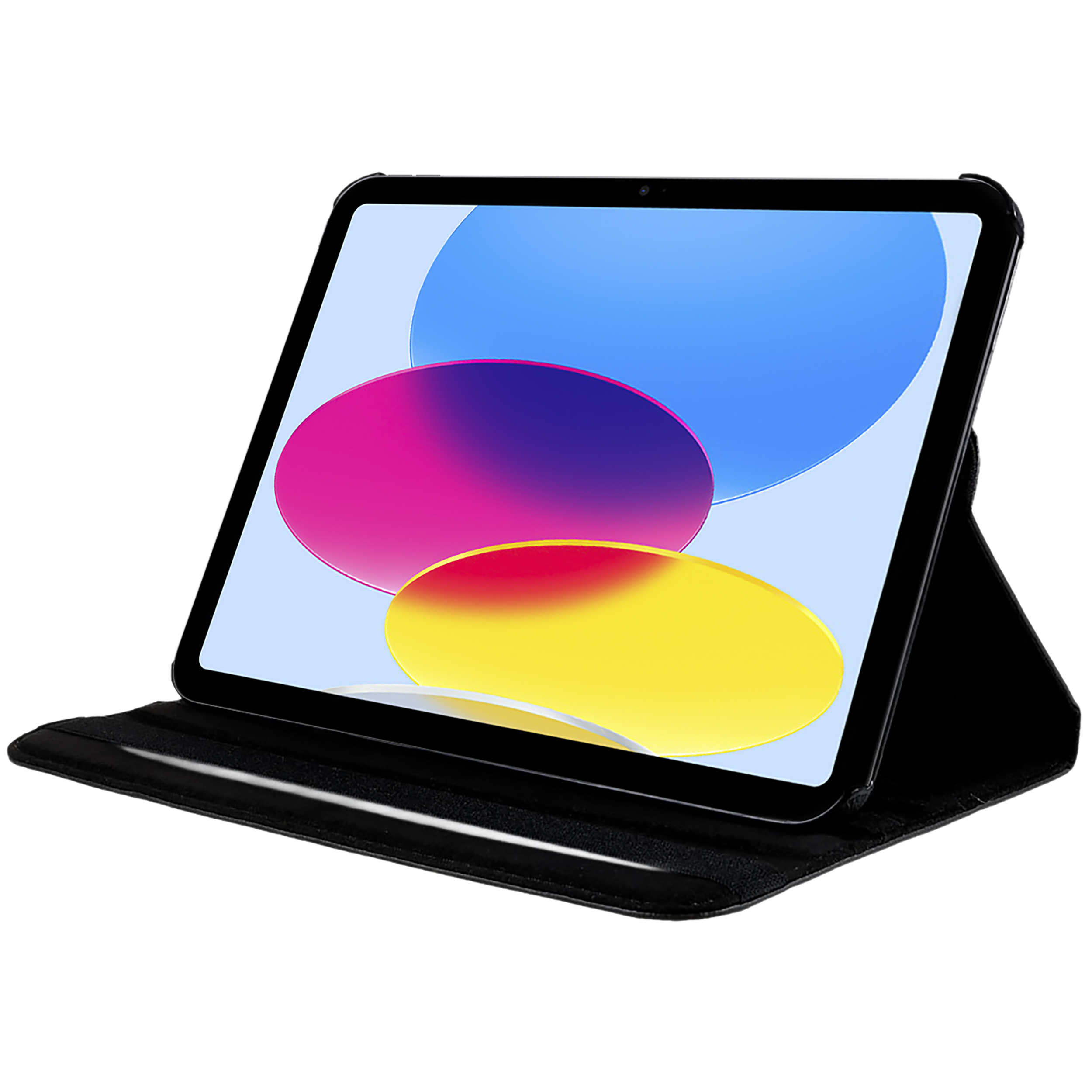 Ein Tablet in einem schwarzen Gehäuse wird angezeigt. Der Bildschirm zeigt bunte Kreise auf hellblauem Hintergrund.