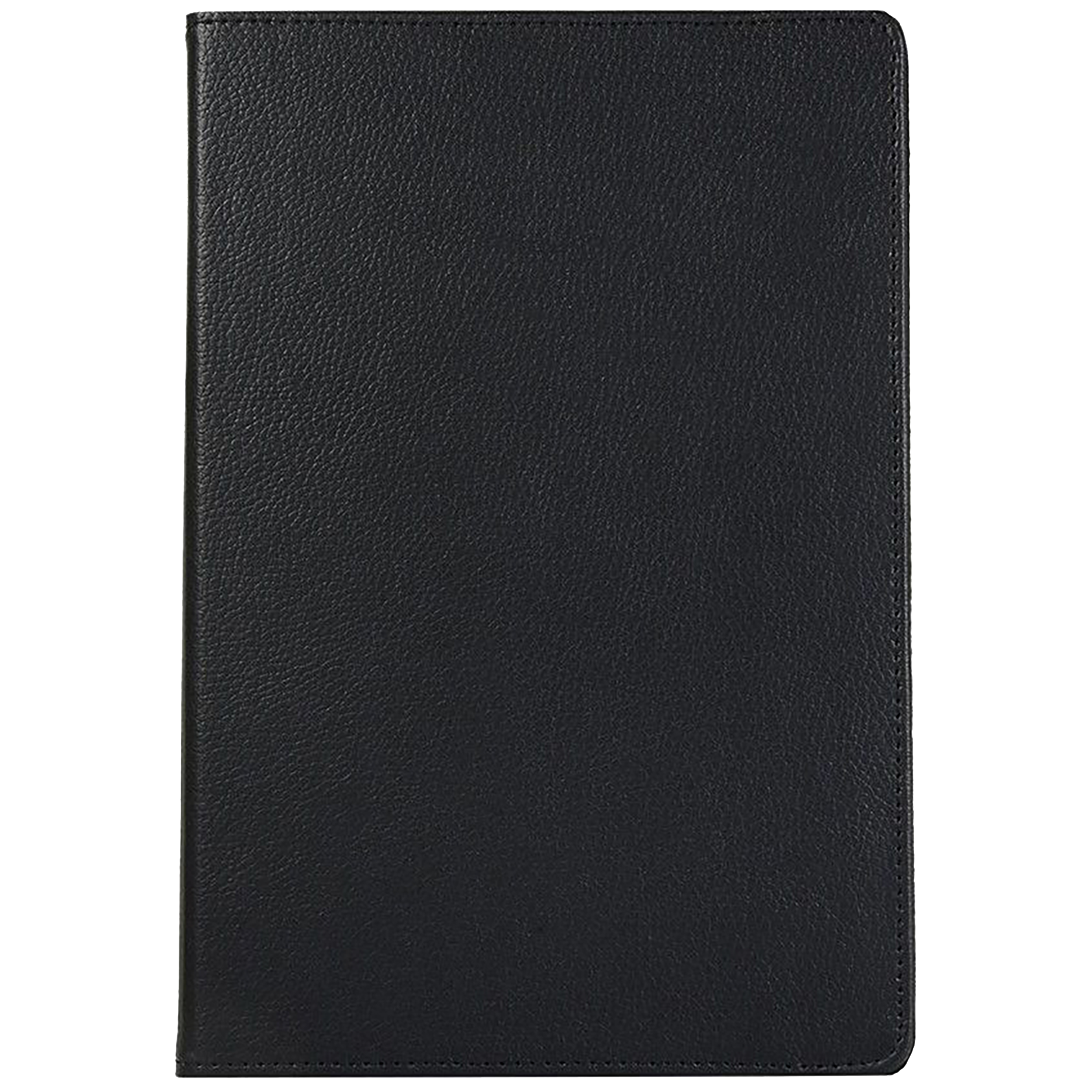 Gezeigt wird eine schwarze Tablet-Hülle aus Leder. Der Deckel ist geschlossen und zeigt eine glatte Oberfläche mit strukturierten Details.