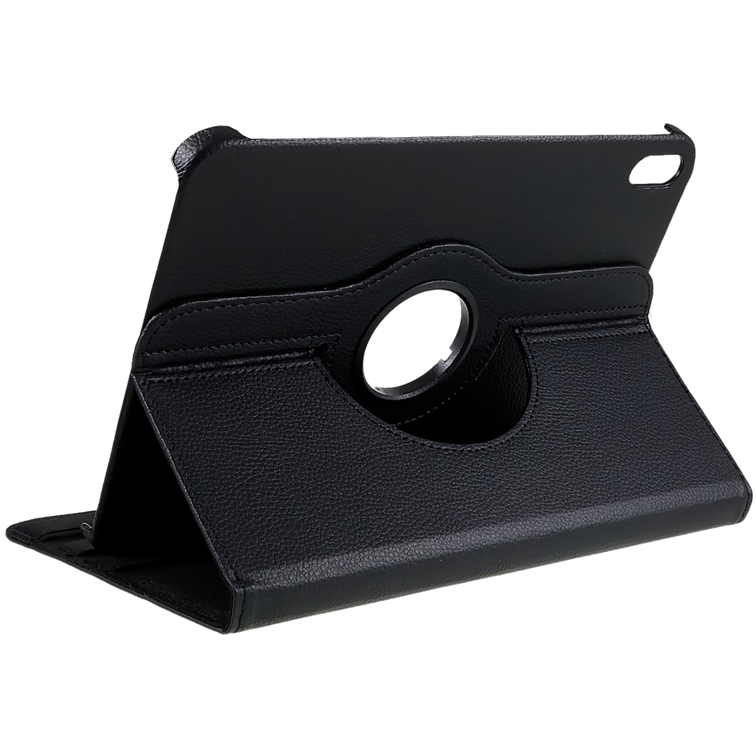 Eine schwarze Tablethülle ist geöffnet und zeigt die Innenseite. Es hat eine kreisförmige Öffnung und befindet sich auf einer weißen Oberfläche.