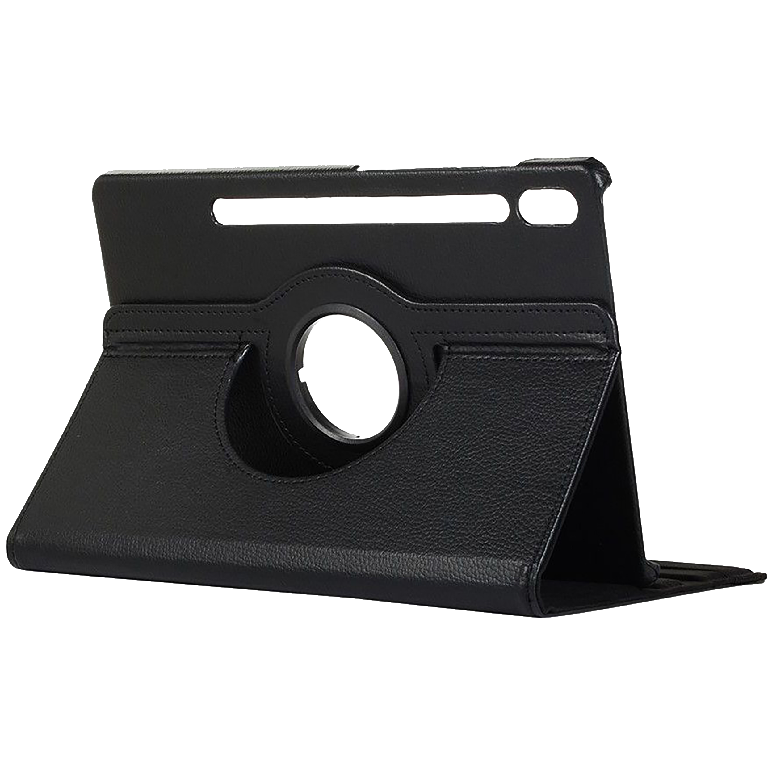 Eine schwarze Tablethülle mit Drehring und Ständer. Sie besteht aus strukturiertem Material und hat Aussparungen.