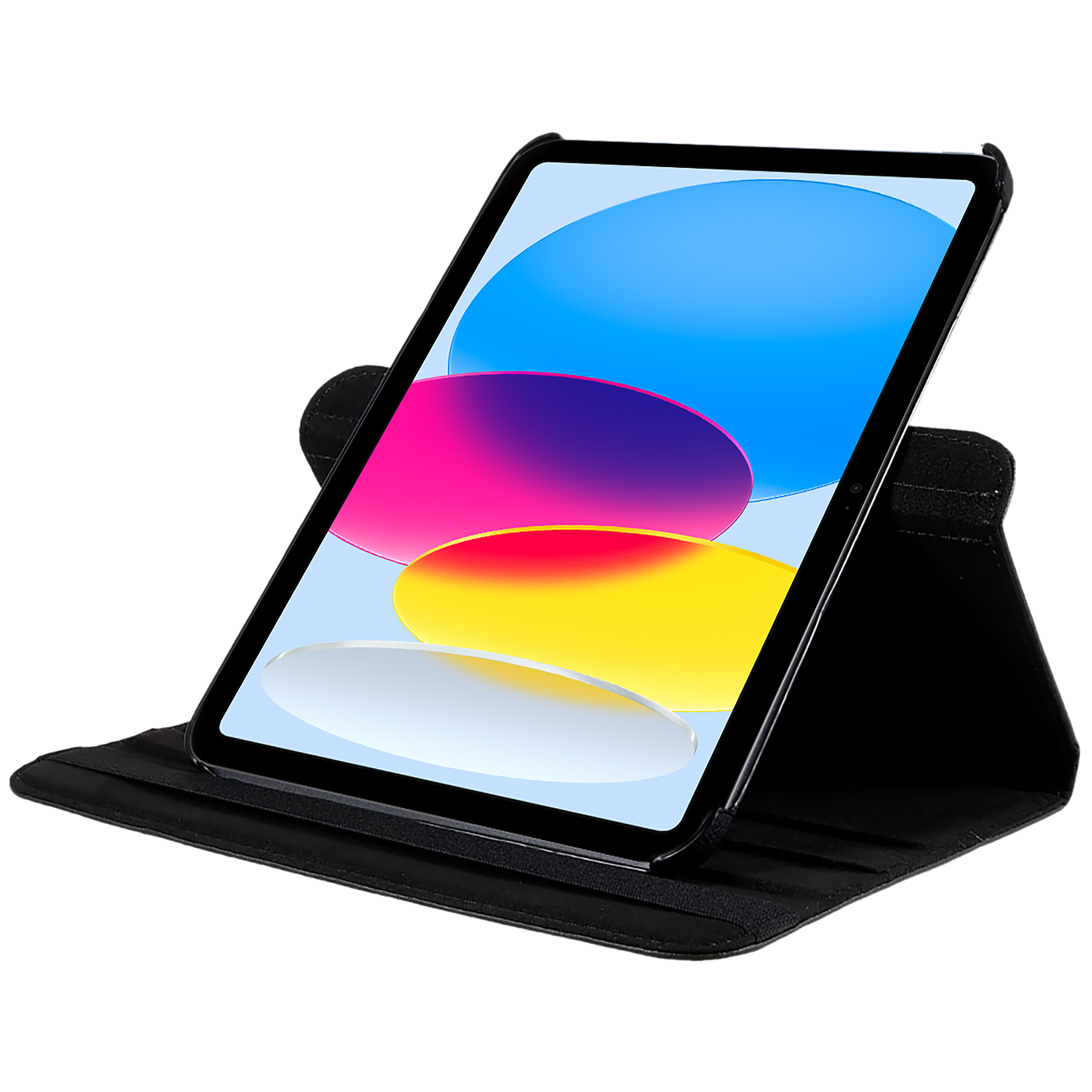 Tablet in schwarzem Gehäuse, Bildschirm zeigt farbenfrohe Verläufe. Gehäuse teilweise geöffnet auf weißem Hintergrund.