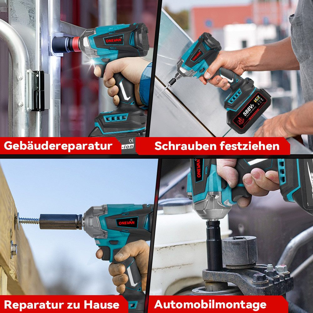Das Bild zeigt vier Szenarien mit einem ONEVAN-Schlagschrauber. Zu den Anwendungen gehören Gebäudereparatur, Schrauben anziehen, Hausreparatur und Automobilmontage.