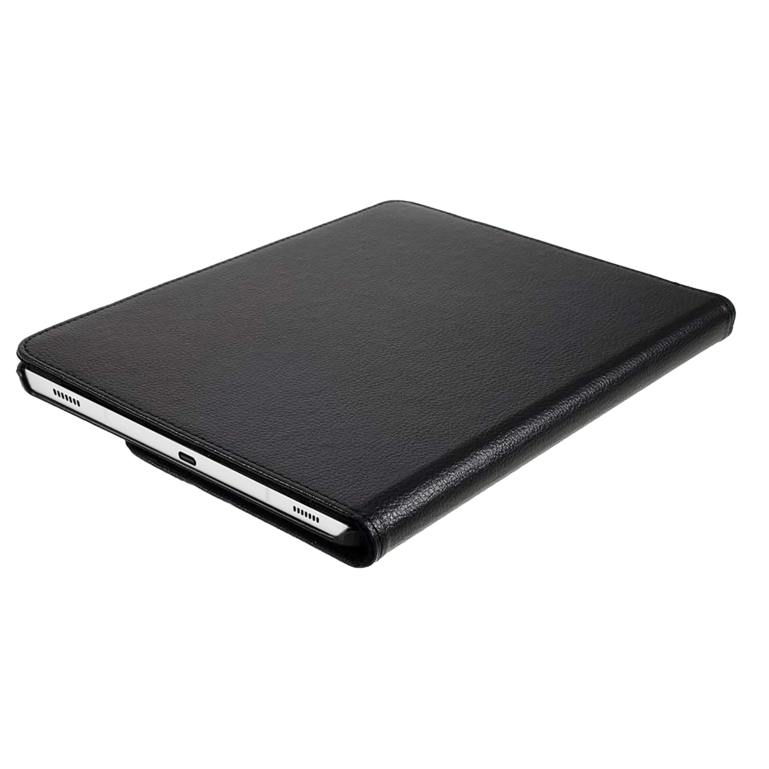 Schwarze Tablet-Lederhülle. Die Hülle ist geschlossen und zeigt die Ober- und Seite. Sie hat eine strukturierte Oberfläche.