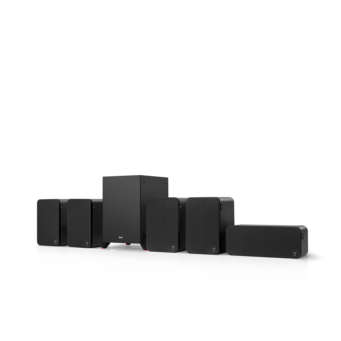 Ein Set schwarzer Lautsprecher unterschiedlicher Größe, in einer Reihe angeordnet. Ein Subwoofer steht in der Mitte, kleinere Lautsprecher darum.