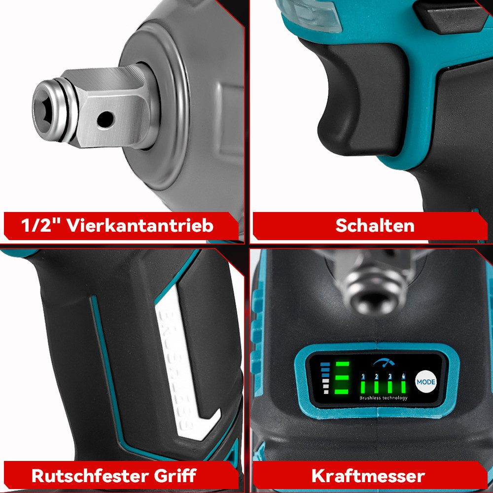 Nahaufnahme von Elektrowerkzeugteilen: Vierkantantrieb, Schalter, rutschfester Griff und Leistungsanzeige. Farben: Schwarz, Türkis und Silber.