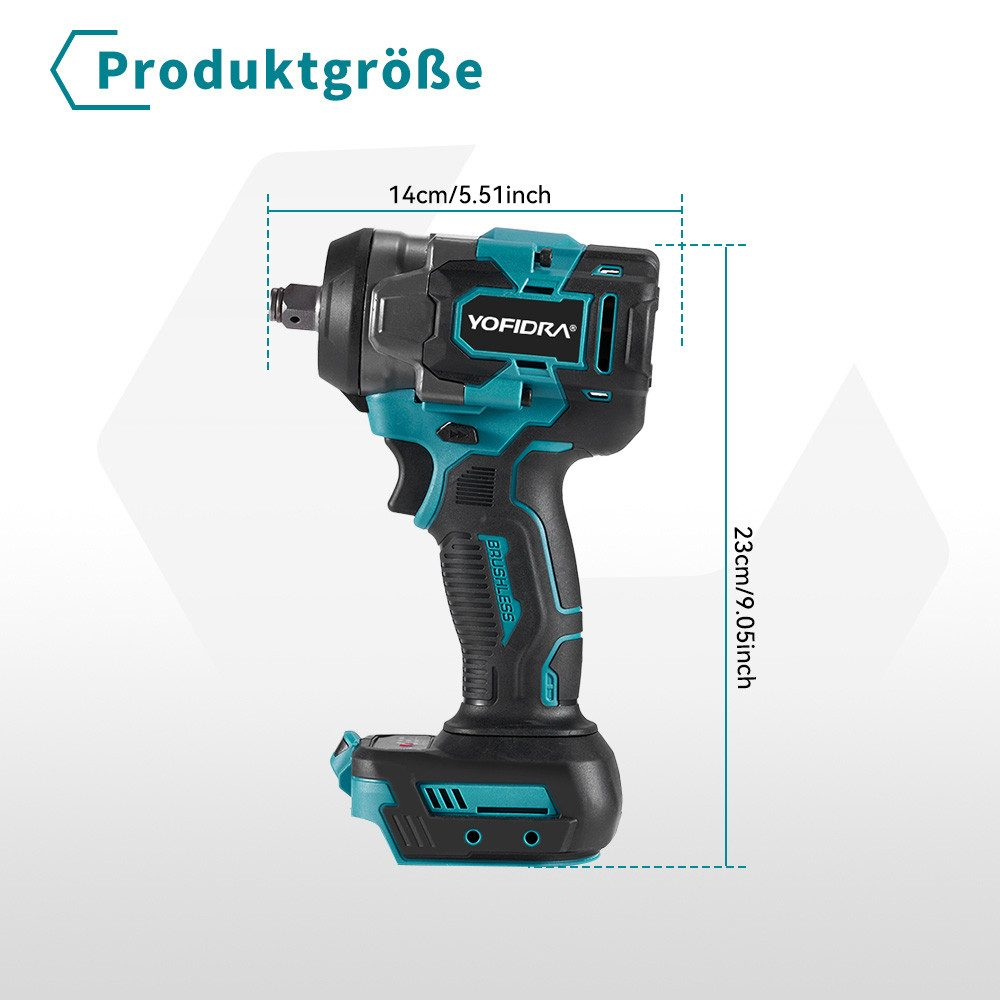 Ein teal-schwarzer kabelloser Schlagschrauber von YOFIDRA. Abmessungen werden angezeigt: 14 cm/5,51 Zoll und 23 cm/9,05 Zoll.