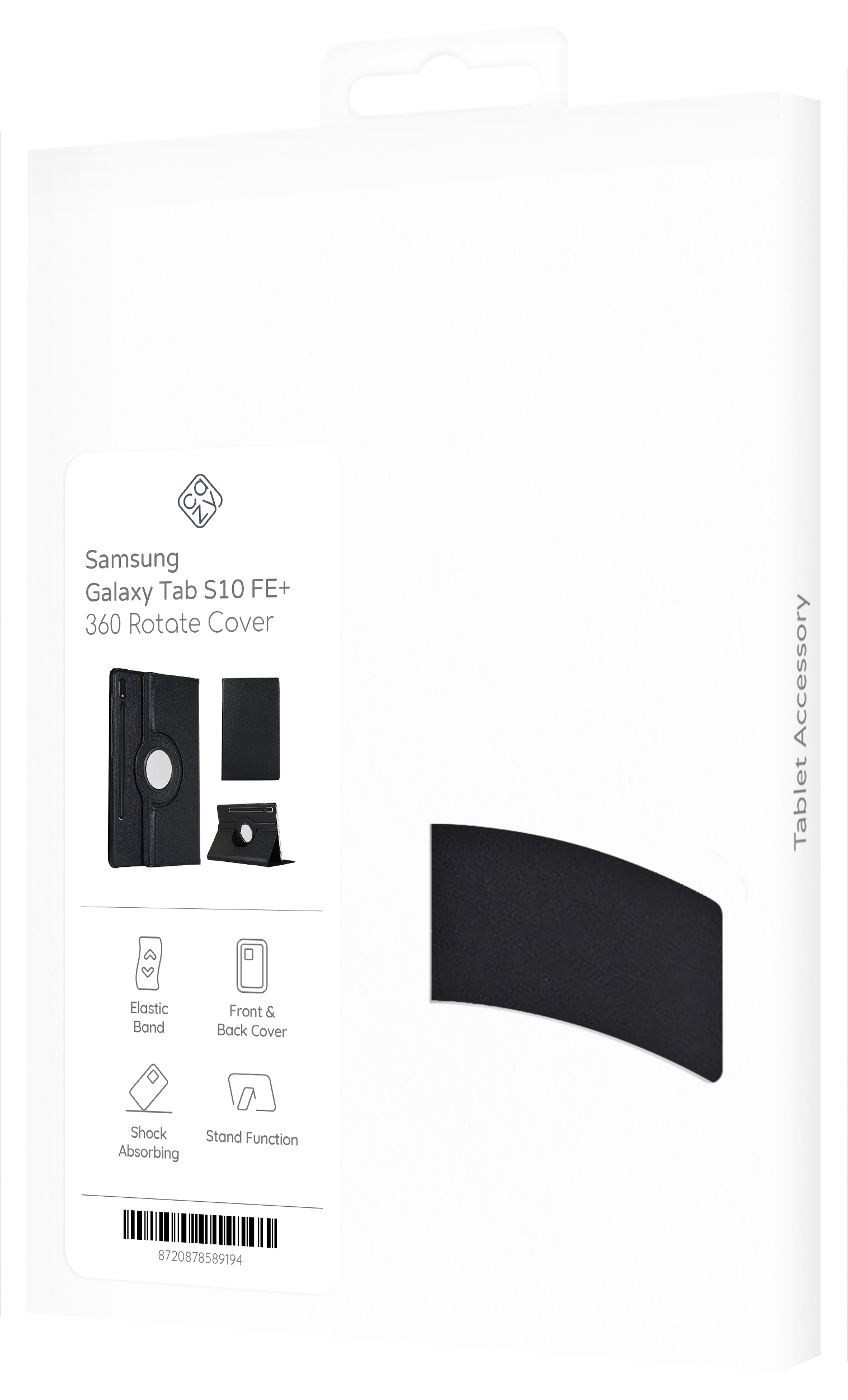 Eine Tablet-Hüllenverpackung. Die Vorderseite zeigt ein Produktbild und Merkmale: Drehen, stoßdämpfend und Standfunktion.