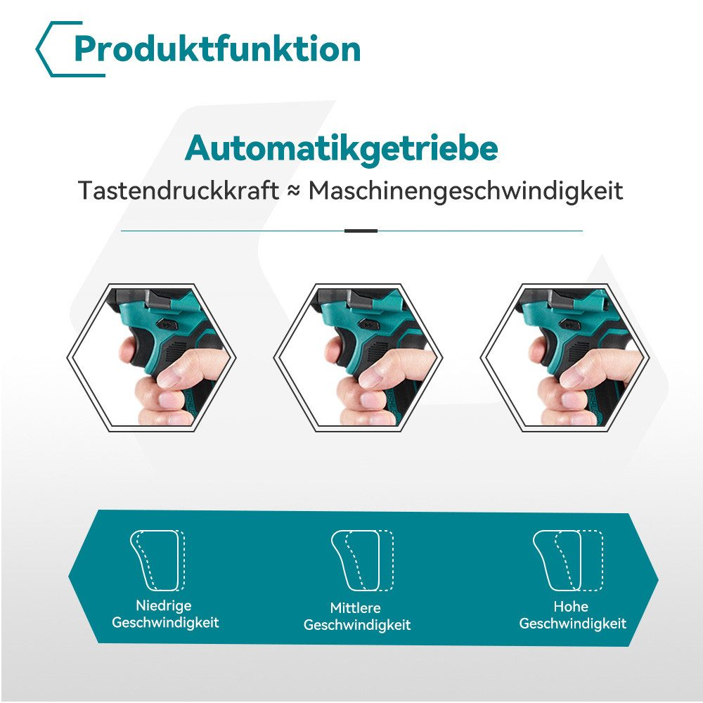 Das Bild zeigt einen Bohrer mit drei Geschwindigkeitseinstellungen. Der Text deutet auf Automatikgetriebe mit Druck und Geschwindigkeit hin.