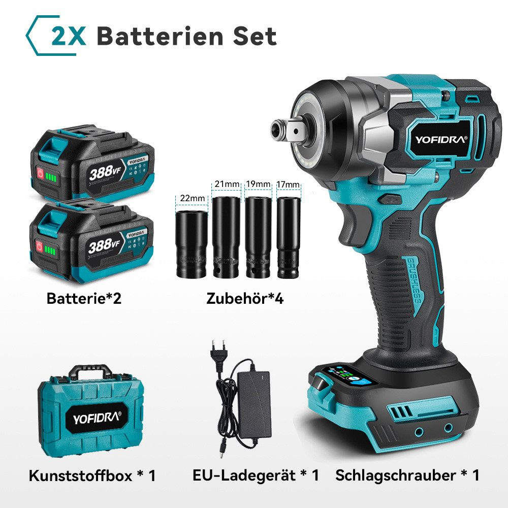 Ein Set mit Elektrowerkzeugen, darunter ein Bohrer, zwei Batterien, Zubehör, ein Ladegerät und eine Aufbewahrungsbox.