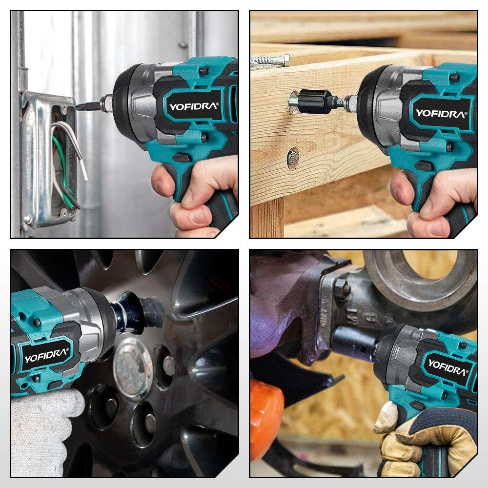 Vier Bilder zeigen einen teal- und schwarzfarbenen YOFIDRA-Schlagschrauber, der auf verschiedenen Objekten verwendet wird: Elektrokasten, Holz, Autorad und Metall.