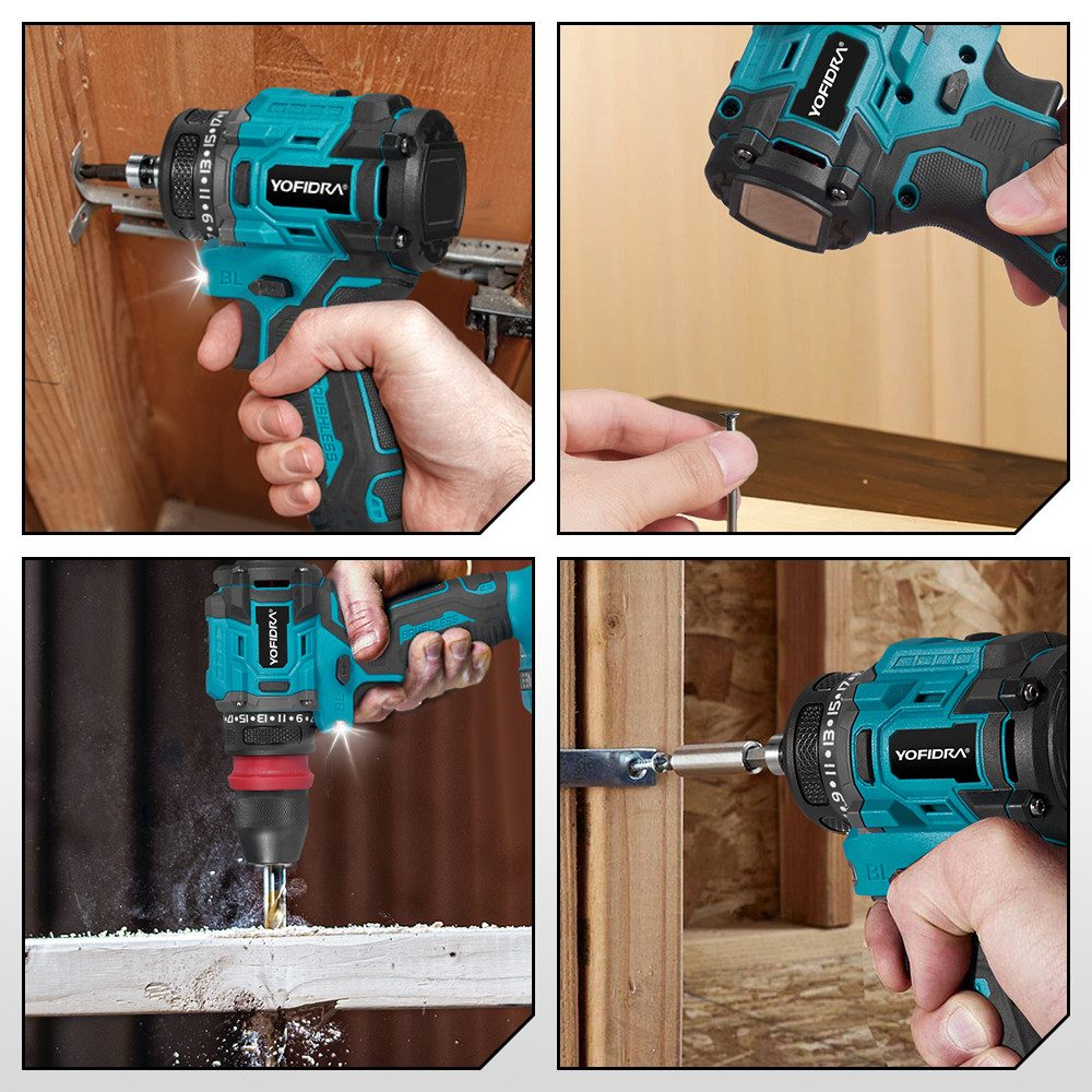 Vier Bilder: Ein teal und schwarzer Bohrer wird auf Holz verwendet, von einer Hand. Ein Bild hat eine Hand mit einem Nagel. Ein anderes bohrt in Holz.