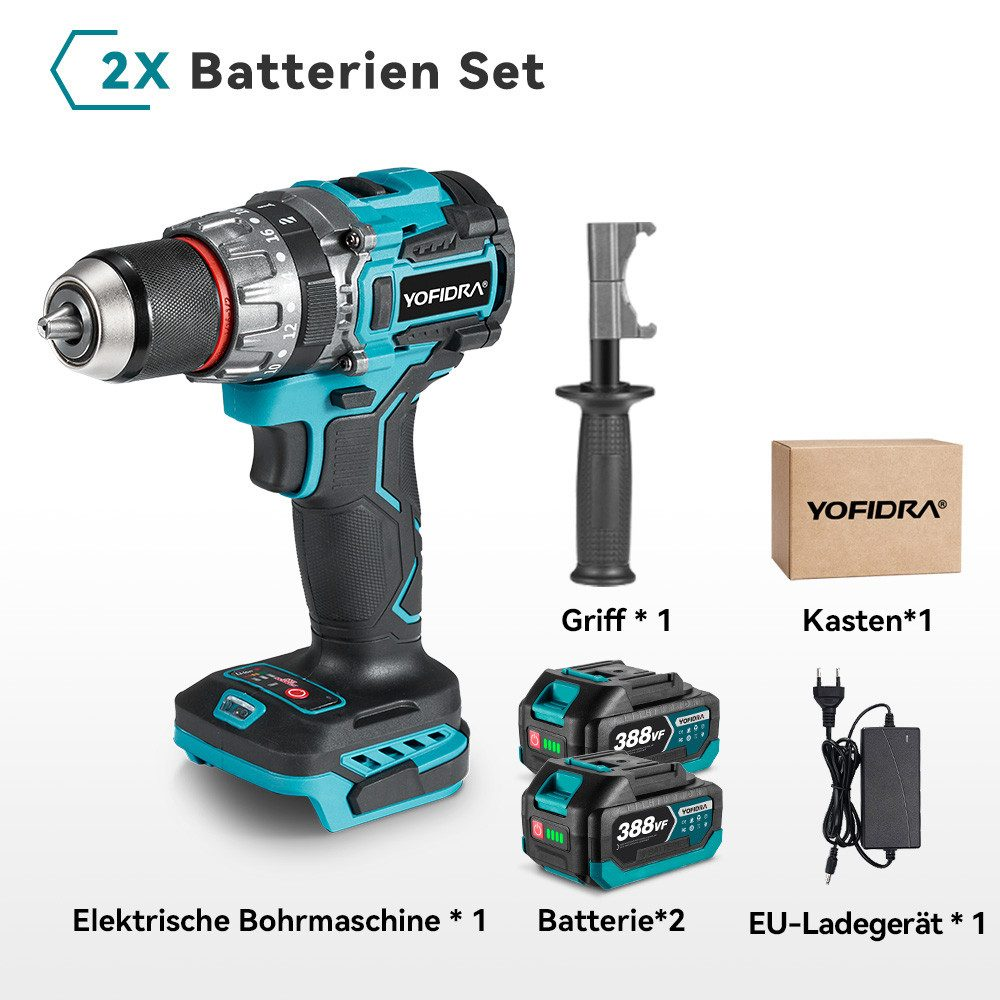Ein Bohrmaschinen-Set mit Batterien und Ladegerät. Enthält Bohrmaschine, Batterien, Griff, Karton und Ladegerät.