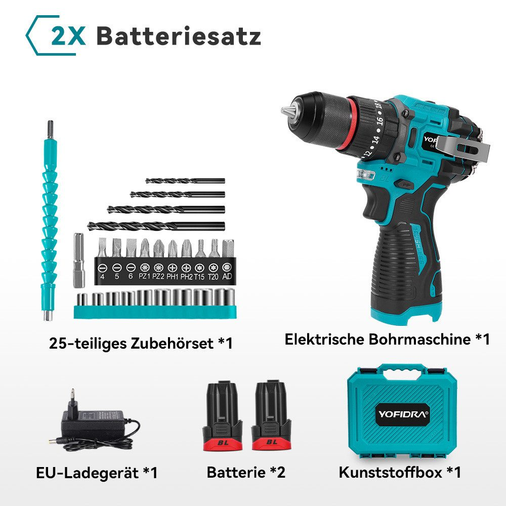 Ein Akku-Bohrmaschinen-Set mit Zubehör, Batterien, Ladegerät und Koffer. Bohrmaschine ist schwarz und türkis. Zubehör ist schwarz.