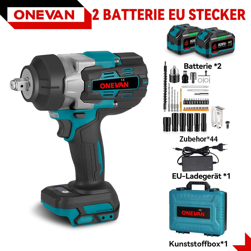 Ein elektrischer Schraubenschlüssel, Batterien und Zubehör auf weißer Oberfläche. Der Schraubenschlüssel ist schwarz und teal. Zubehör umfasst eine Box.