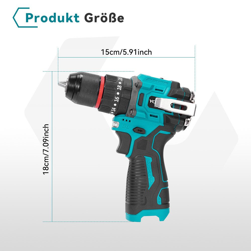Ein schnurloser Bohrer in Türkis und Schwarz. Er ist 18 cm hoch und 15 cm breit. Produktgrößentext steht oben.
