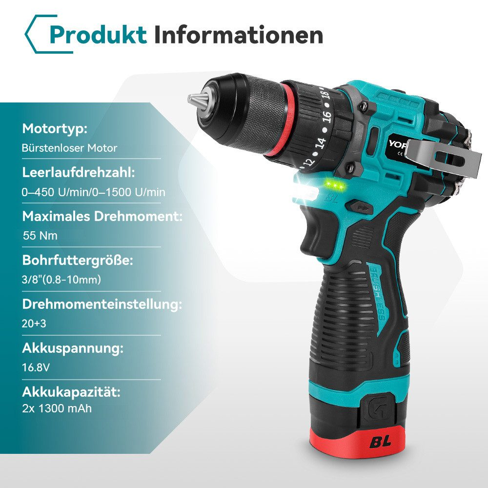 Ein türkis-schwarzer Akku-Bohrschrauber mit Produktinformationen links. Der Bohrer hat einen roten Sockel und ein Licht.