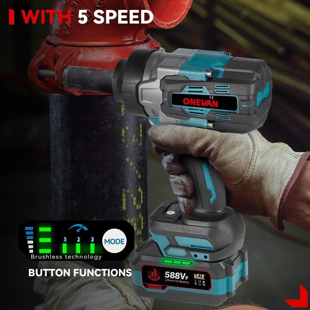 Eine Hand hält ein türkisfarbenes und graues Elektrowerkzeug. Das Werkzeug trägt die Aufschrift 'ONEVAN' und hat eine Batterieanzeige. Text sagt '5 SPEED' und 'Brushless'.