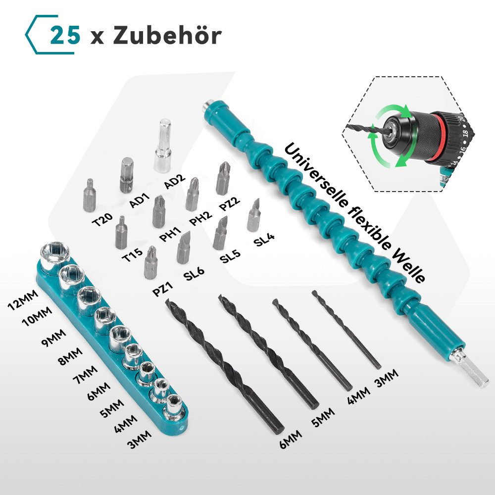 Ein Set von 25 Werkzeugen, einschließlich Bohrer und einer flexiblen Verlängerung, angeordnet auf weißem Untergrund mit Beschriftungen.