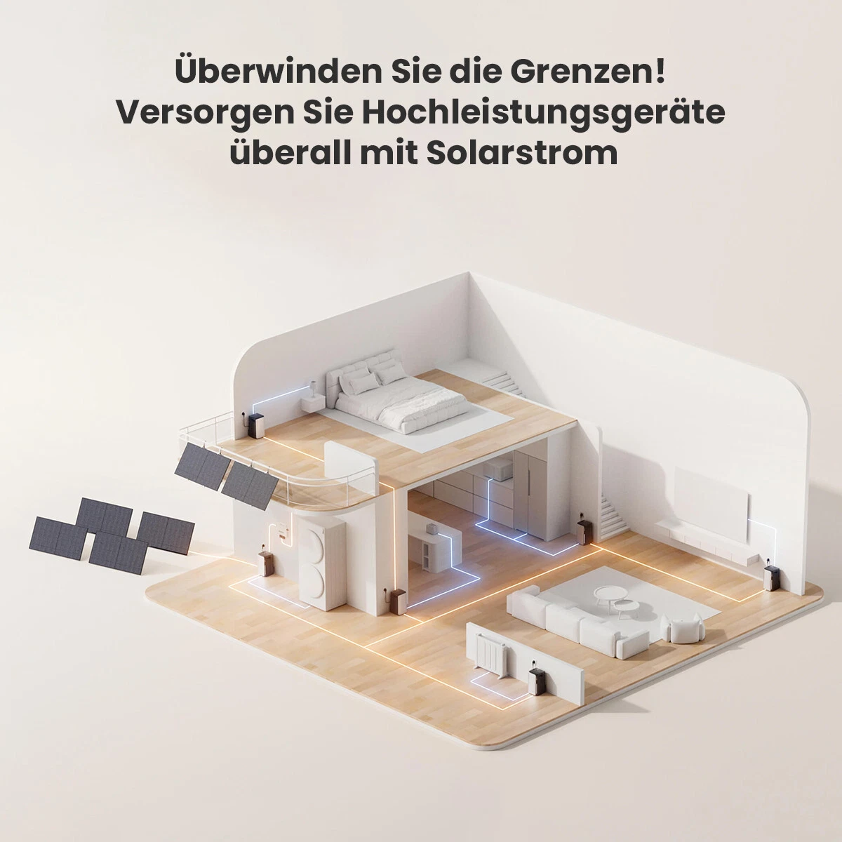 Isometrische Darstellung eines Hauses, das durch Sonnenkollektoren angetrieben wird. Text: Überwinden Sie Grenzen! Energie für Geräte mit Solarstrom.