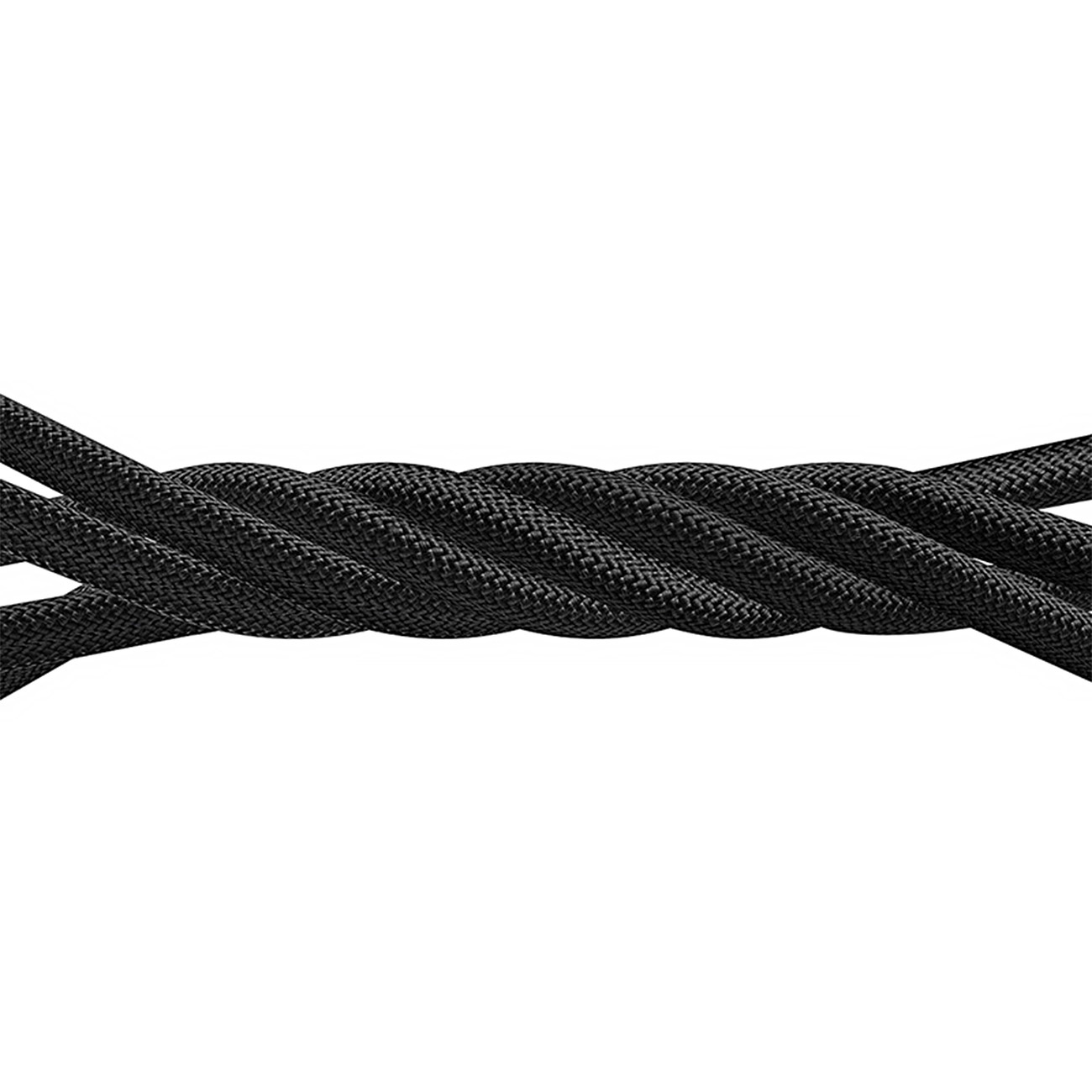 Zbliżenie czarnego, plecionego kabla na białym tle. Kabel jest gruby i teksturowany, o wyglądzie liny.