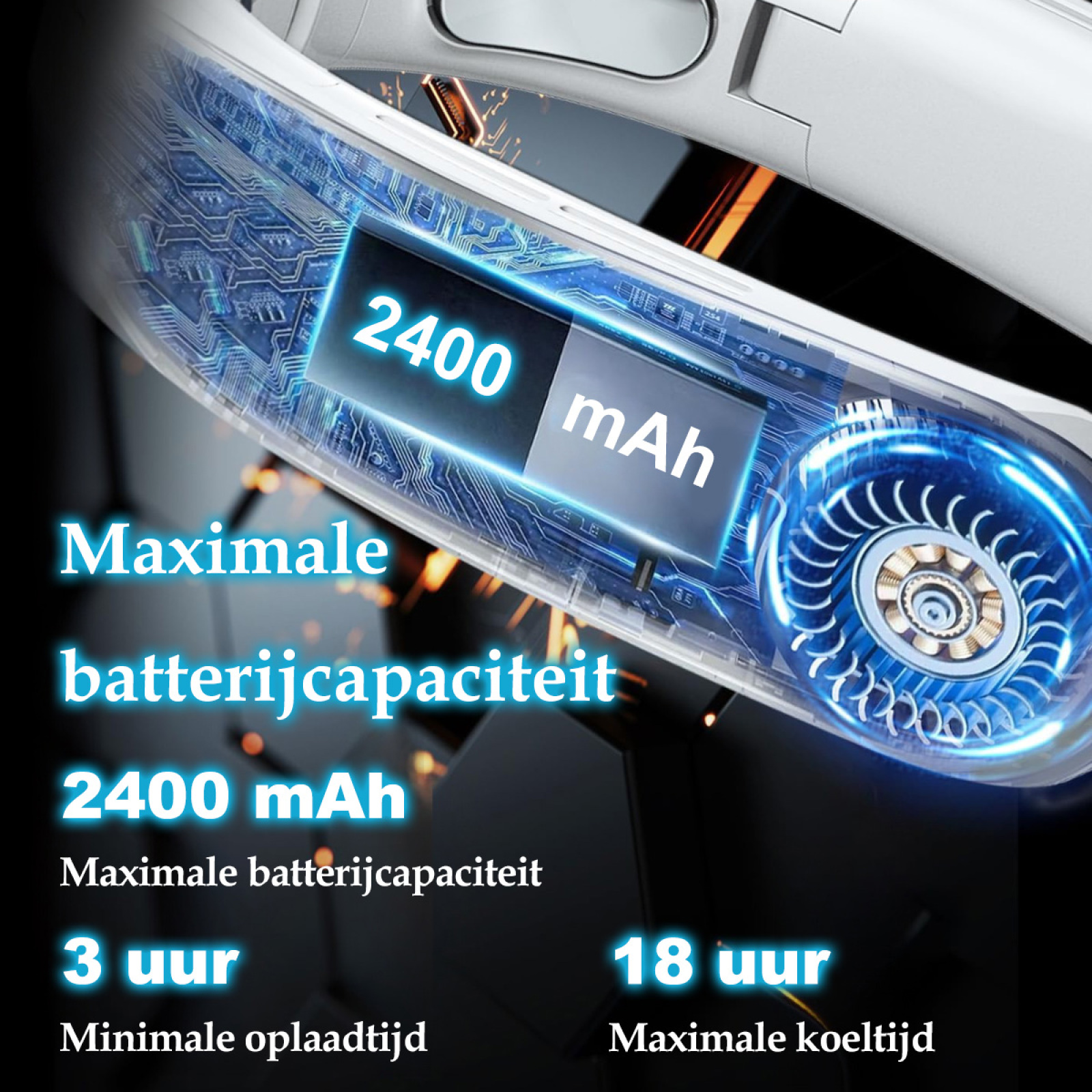 Das Bild zeigt ein Gerät mit einem Bildschirm, der 2400 mAh anzeigt. Der Text gibt 3 Stunden Ladezeit und 18 Stunden Kühlung an.