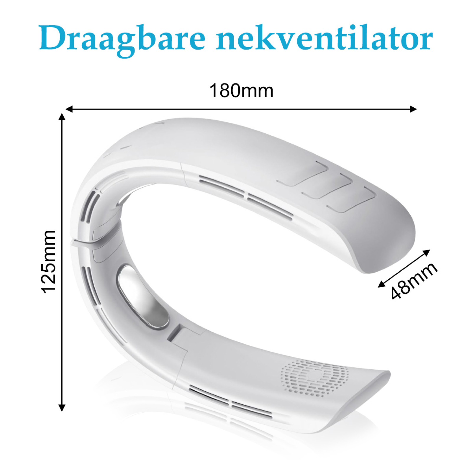 Ein weißer Nackenventilator mit Maßen. Der Text lautet 'Draabare nekvventilator'. Abmessungen: 180mm x 125mm x 48mm.