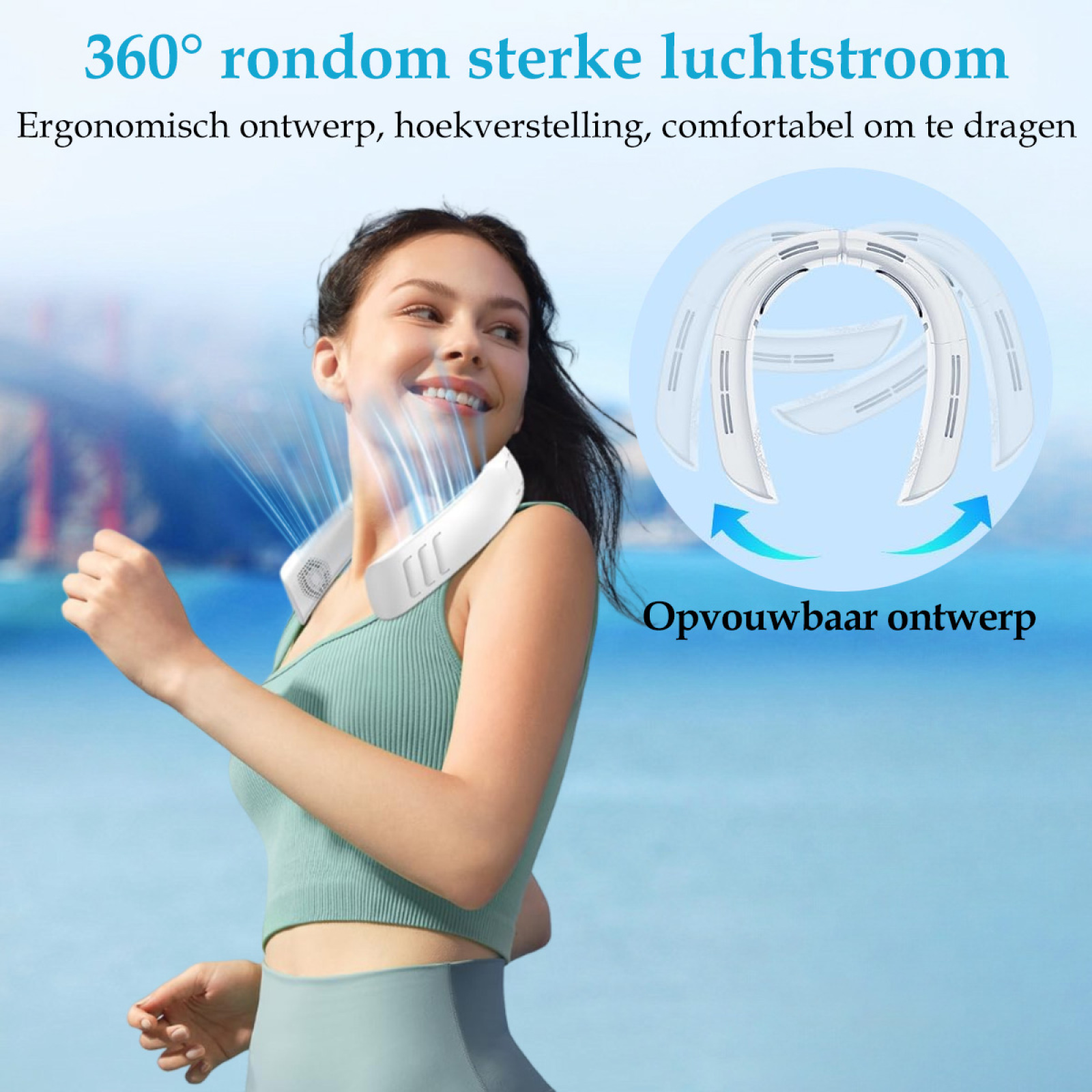 Frau mit Halsventilator lächelt. Blaue Luft strömt. Text erwähnt 360°-Luftstrom, ergonomisches Design und faltbares Design.