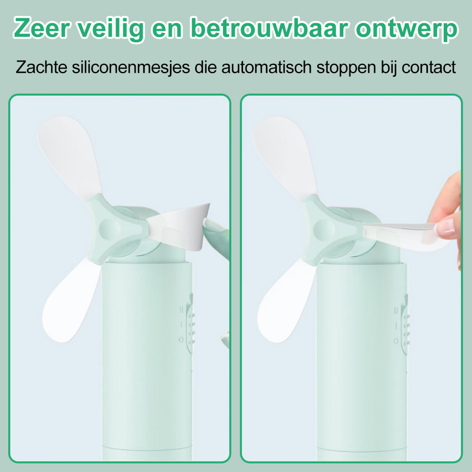 Das Bild zeigt einen hellgrünen Ventilator mit weißen Flügeln. Der Text beschreibt das sichere Design und die weichen Silikonblätter.
